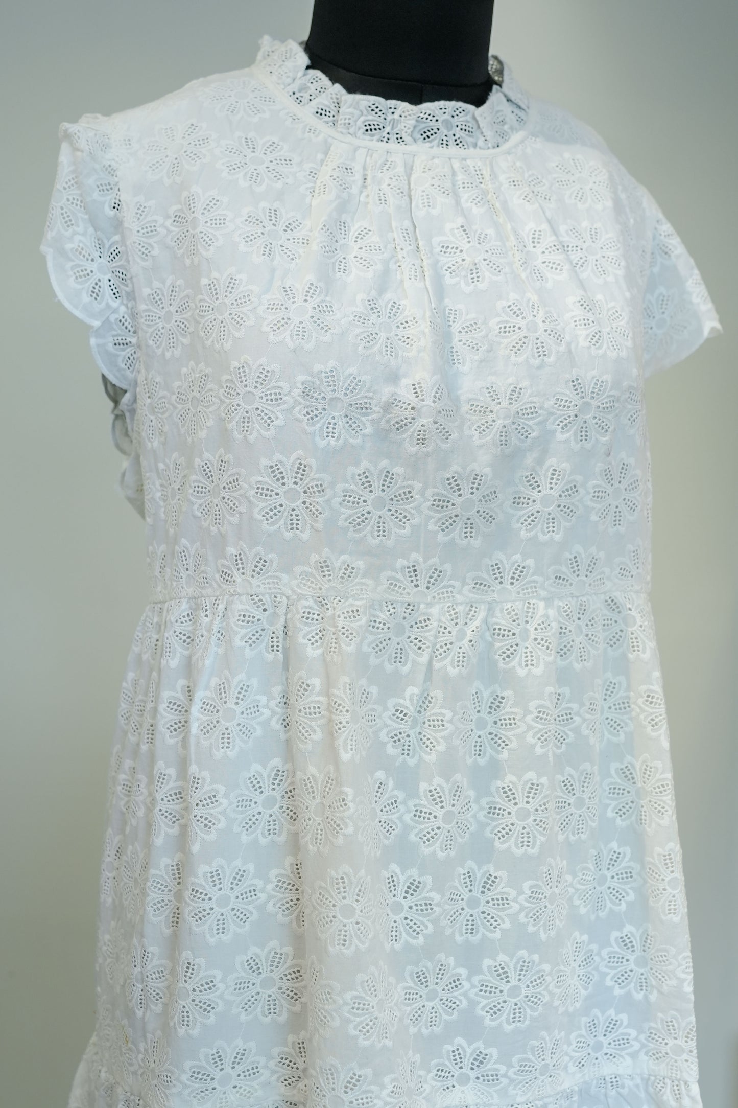 White Schiffli Work Short Dress