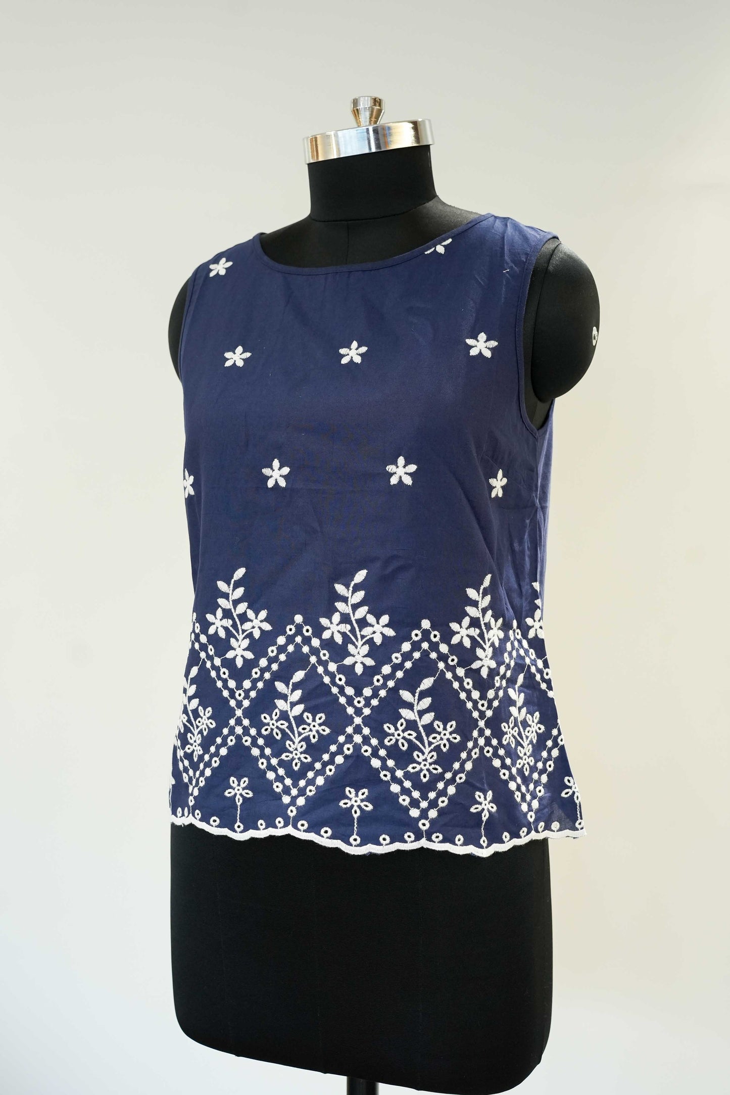 Blue Cut Sleeves Embroidered Top