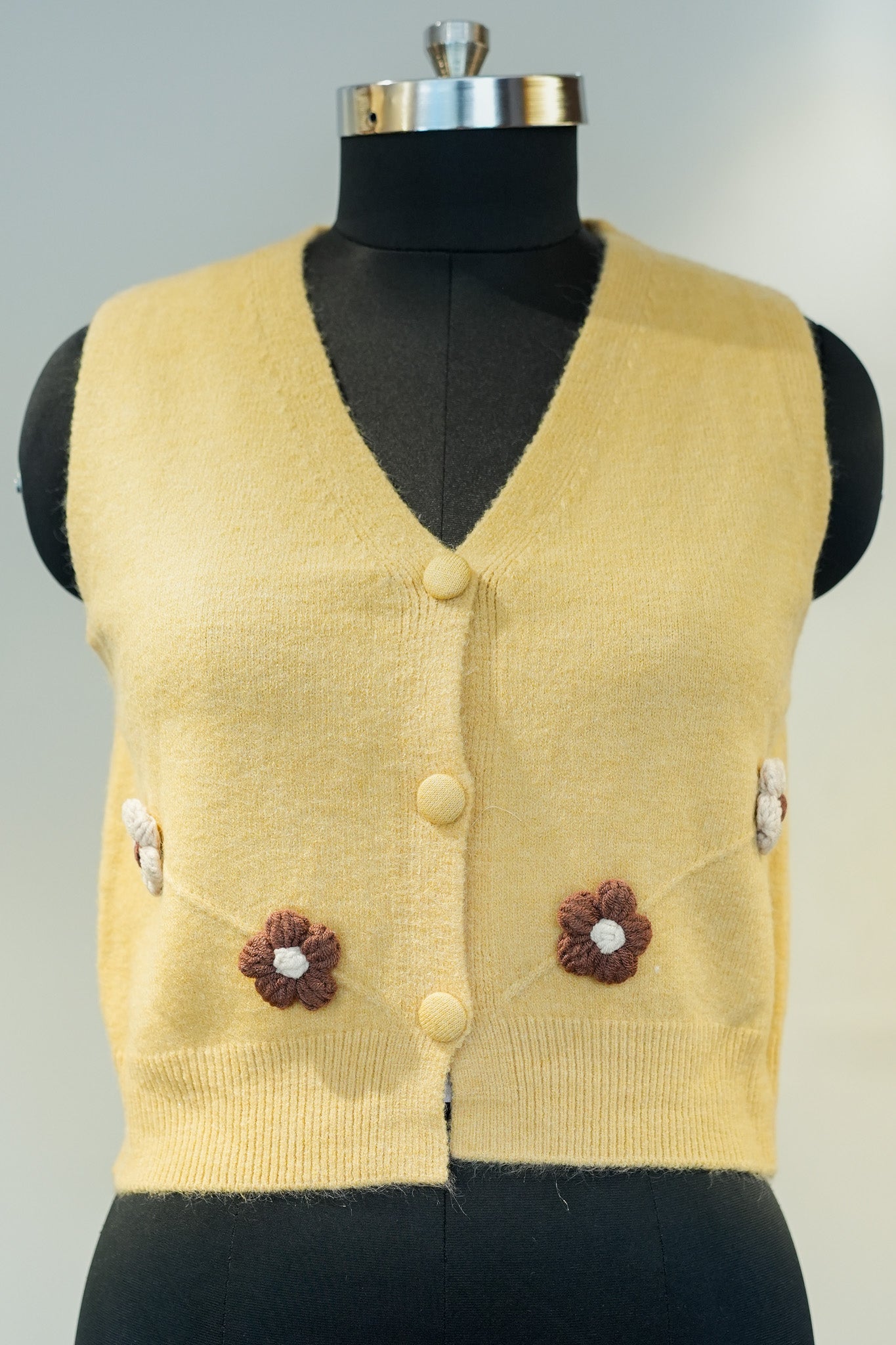 Yellow Floral Detailing Half Sweater