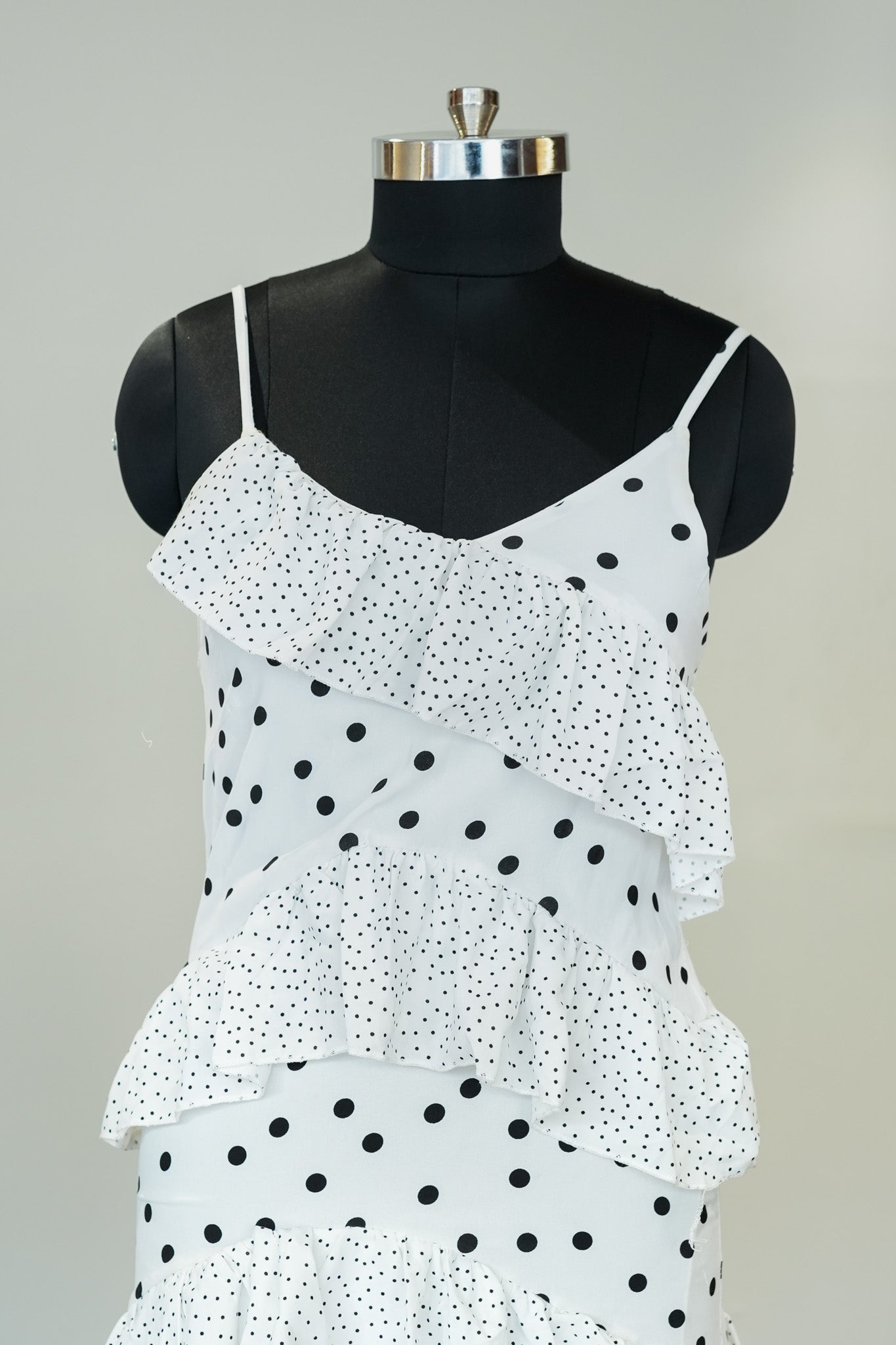 White Polka Dot Ruffle Midi Dress