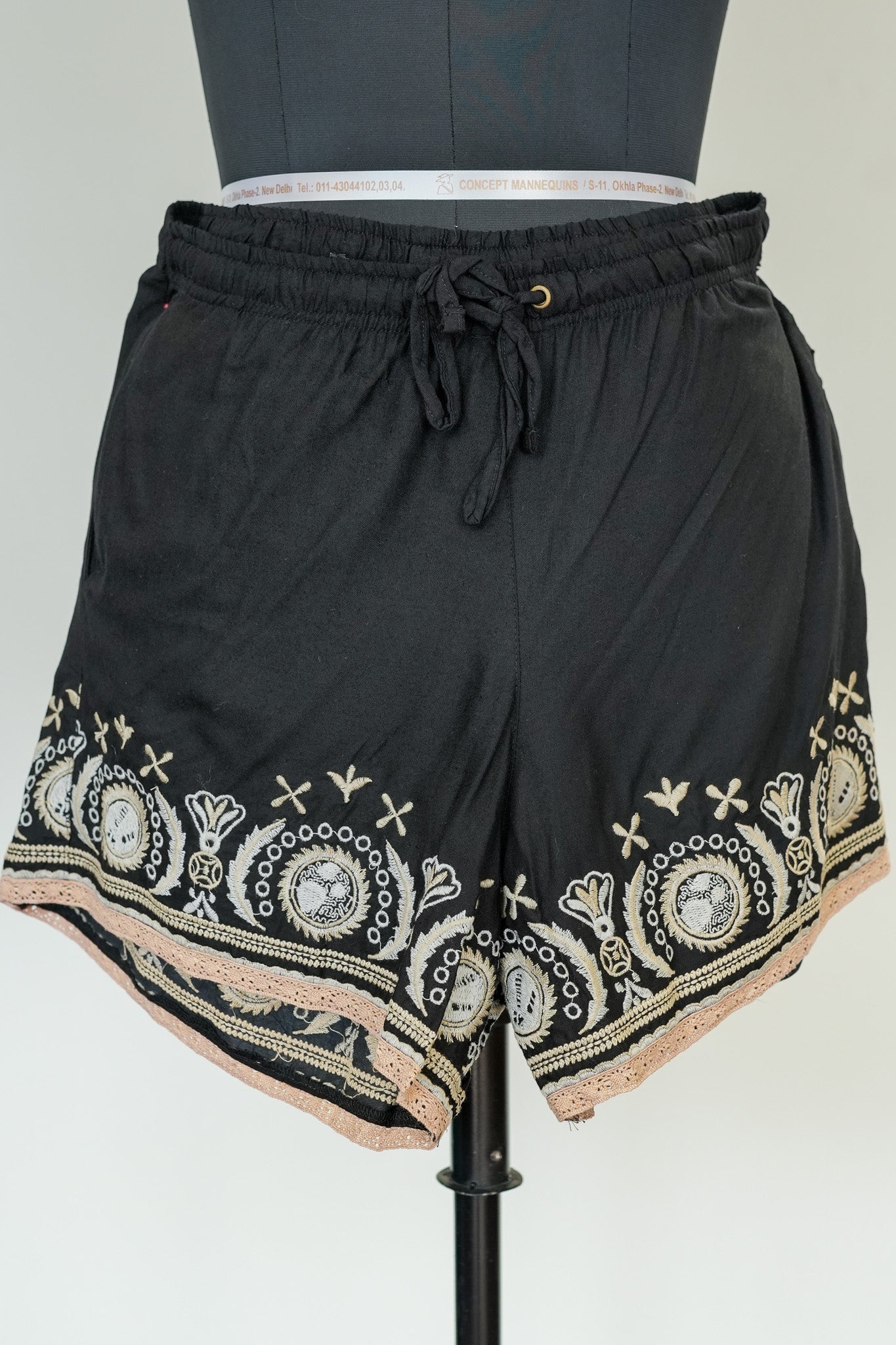 Black Schiffli Work Shorts