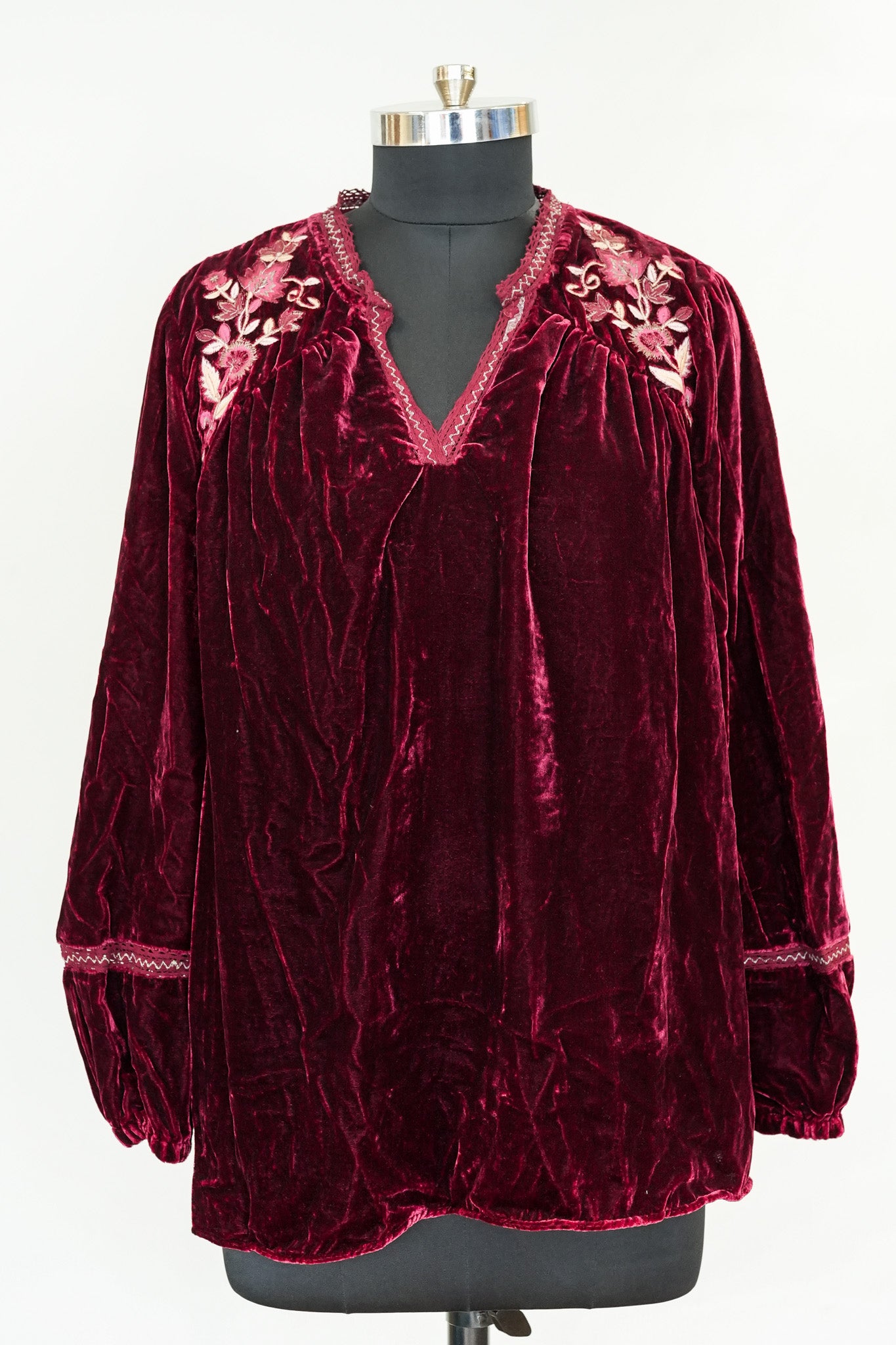 Wine Embroidered Velvet Short Kurti