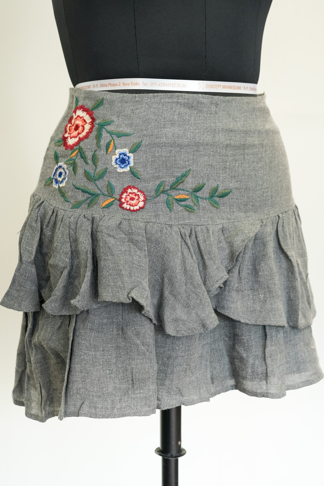 Grey Floral Work Short Skirt