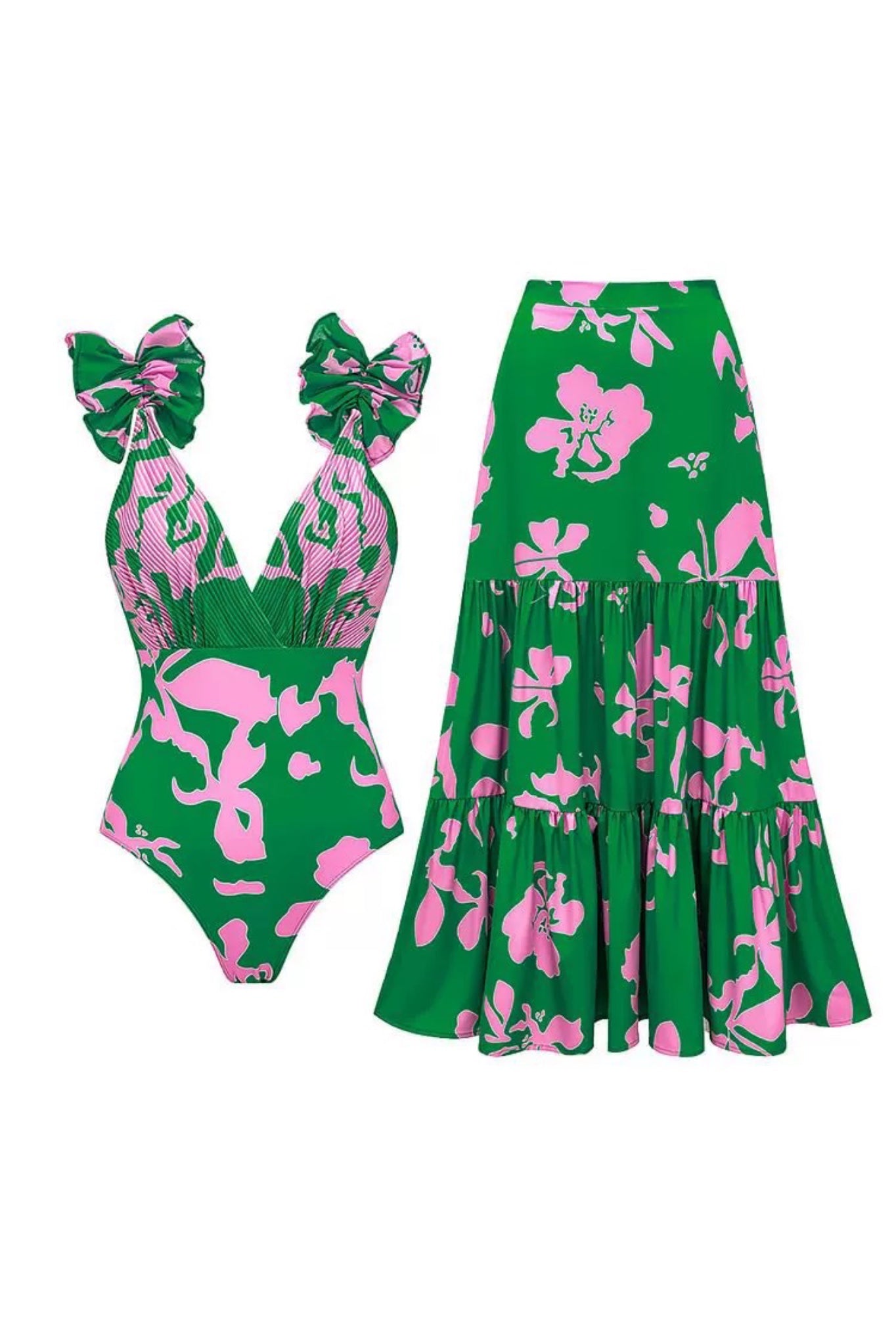 Girl Green Tropical Swimsuit With Skirt