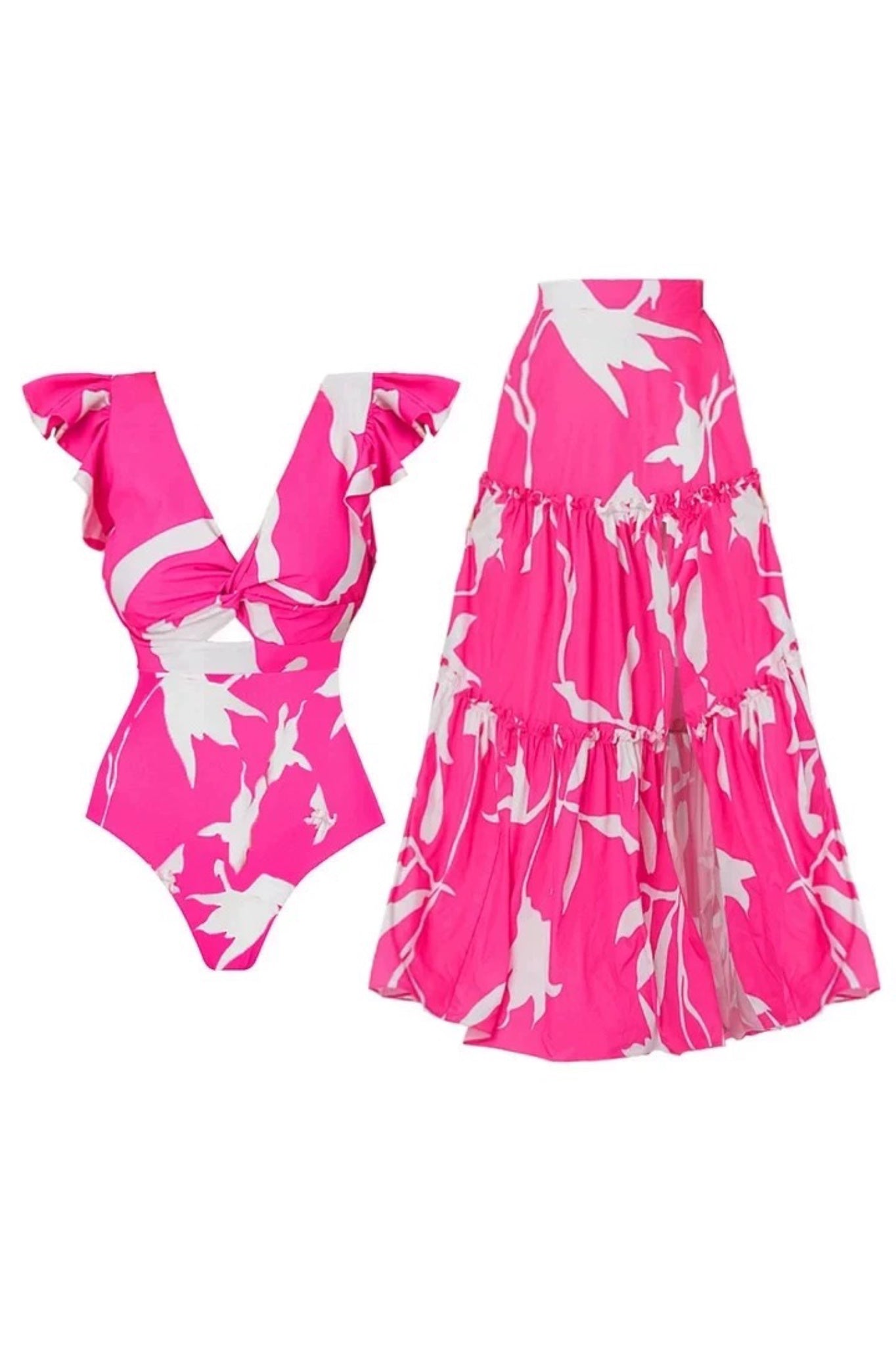Pink Printed Swimwear With Skirt