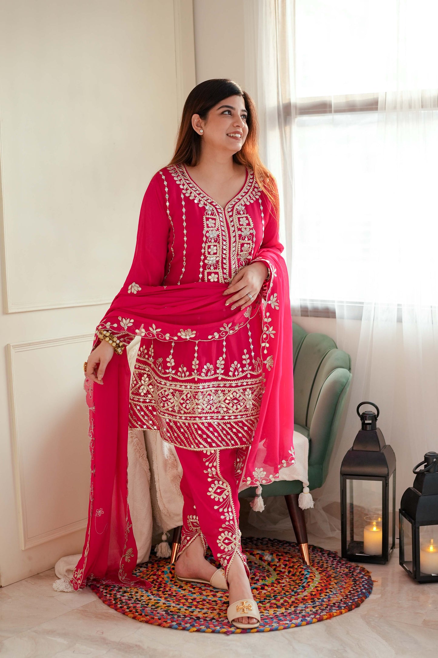 Noor Gotta Embellished Hot Pink Short Anarkali With Dhoti