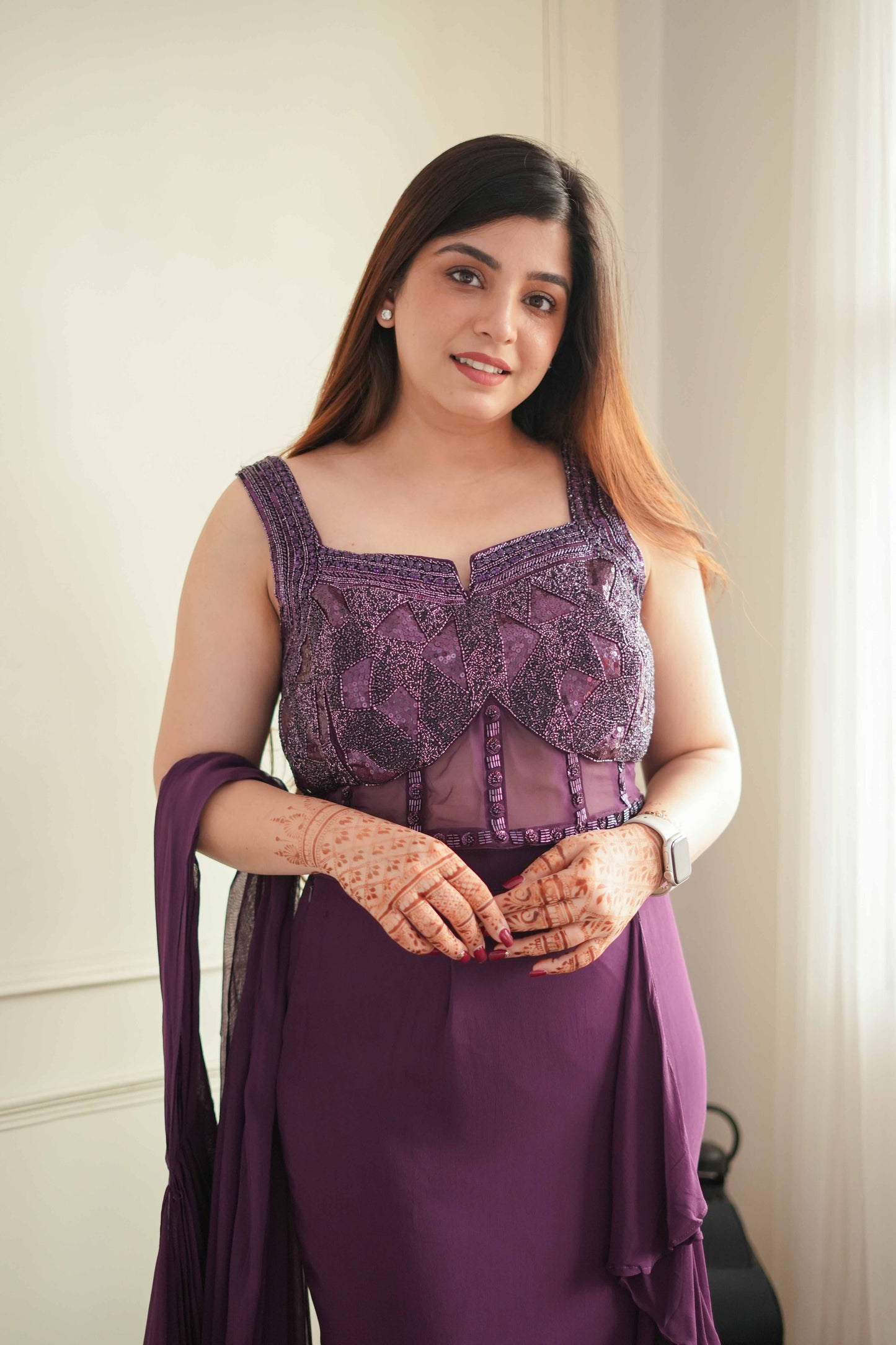 Gazal Purple Drape Saree With Side Cut
