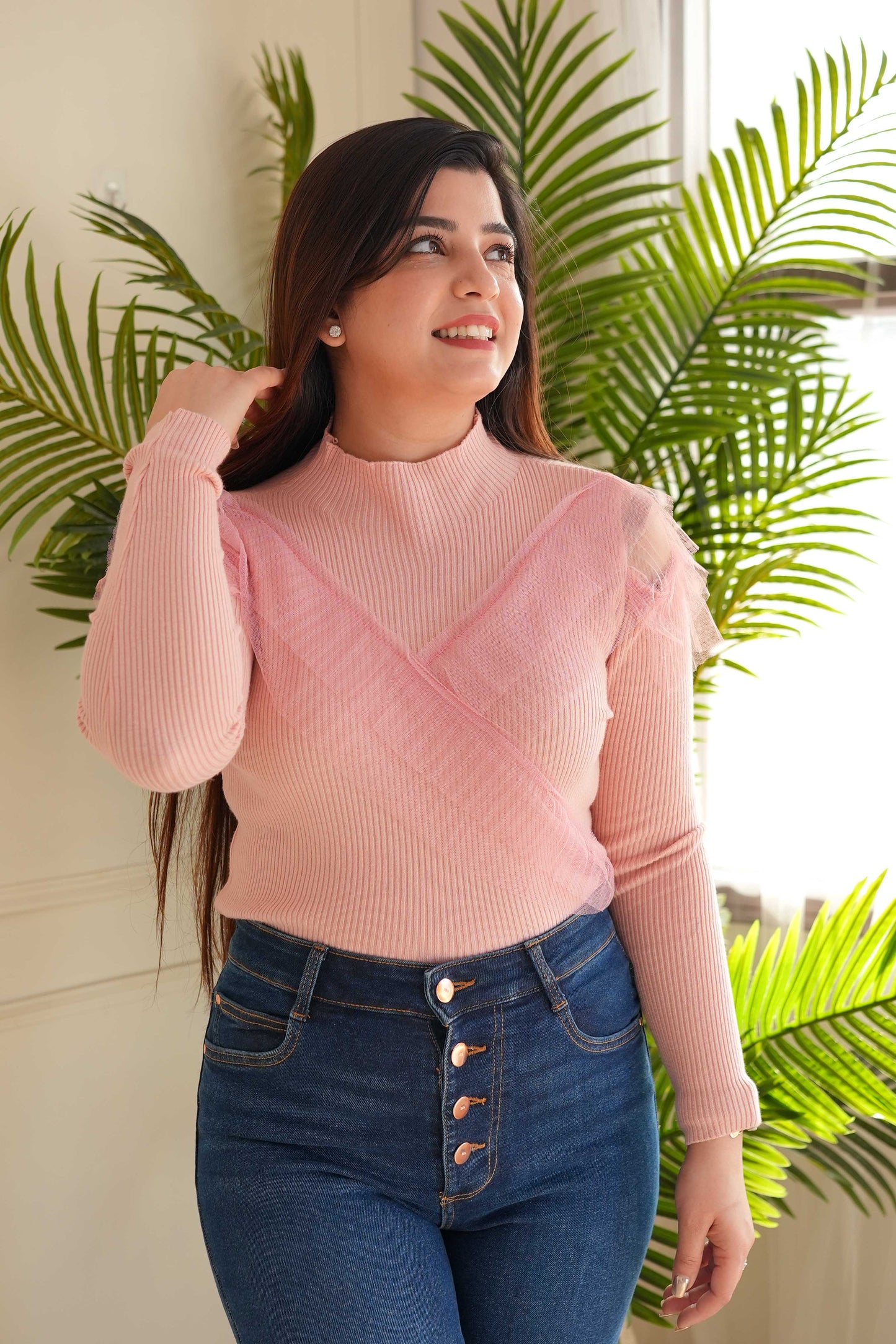 Uno Pink Frill Knitted Top