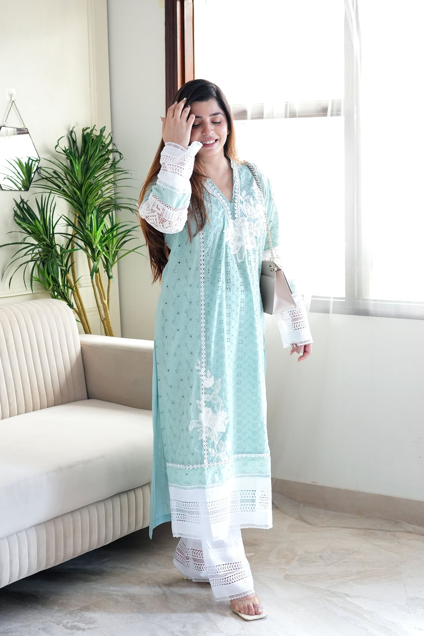 Zeenah Blue Cutwork Plazo Set