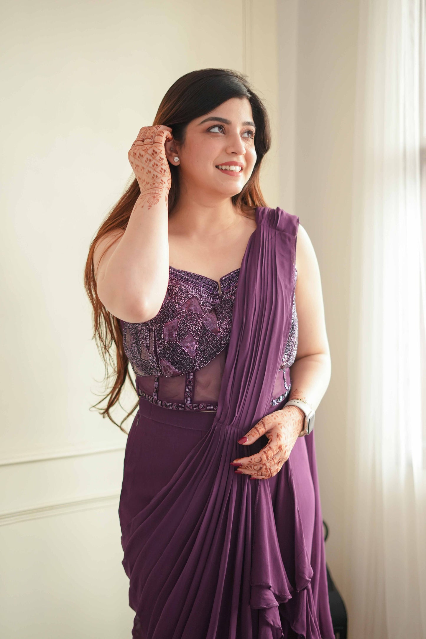 Gazal Purple Drape Saree With Side Cut