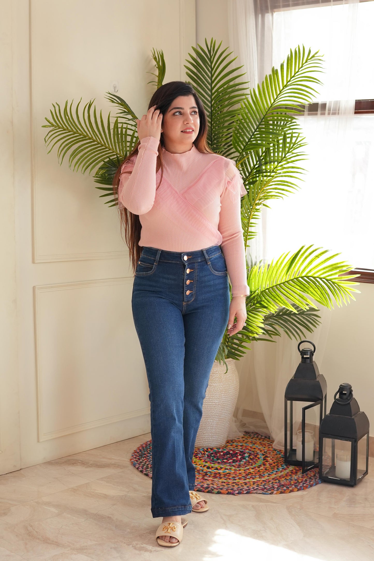 Uno Pink Frill Knitted Top