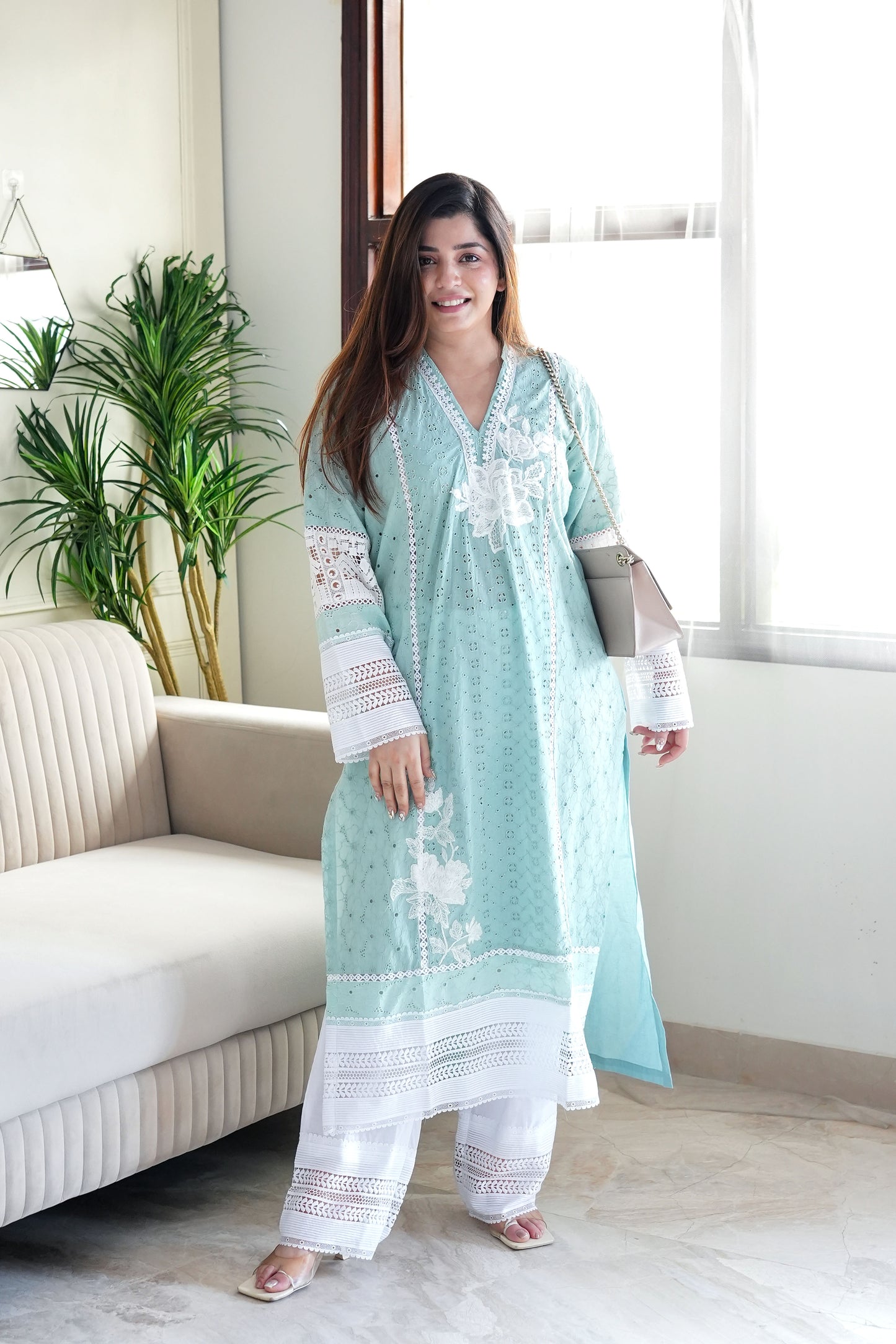 Zeenah Blue Cutwork Plazo Set