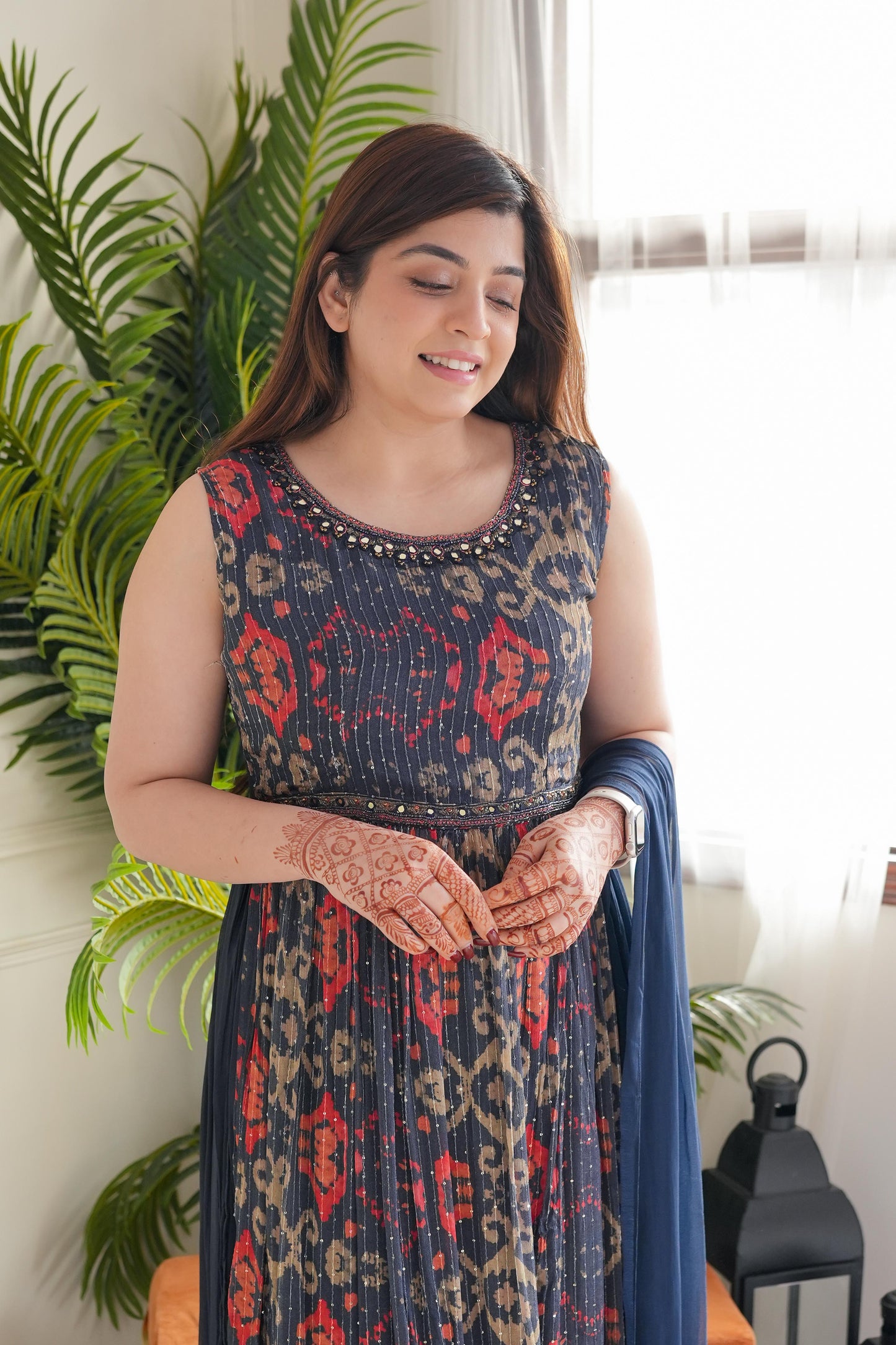 Blue Printed Long Slit Suit