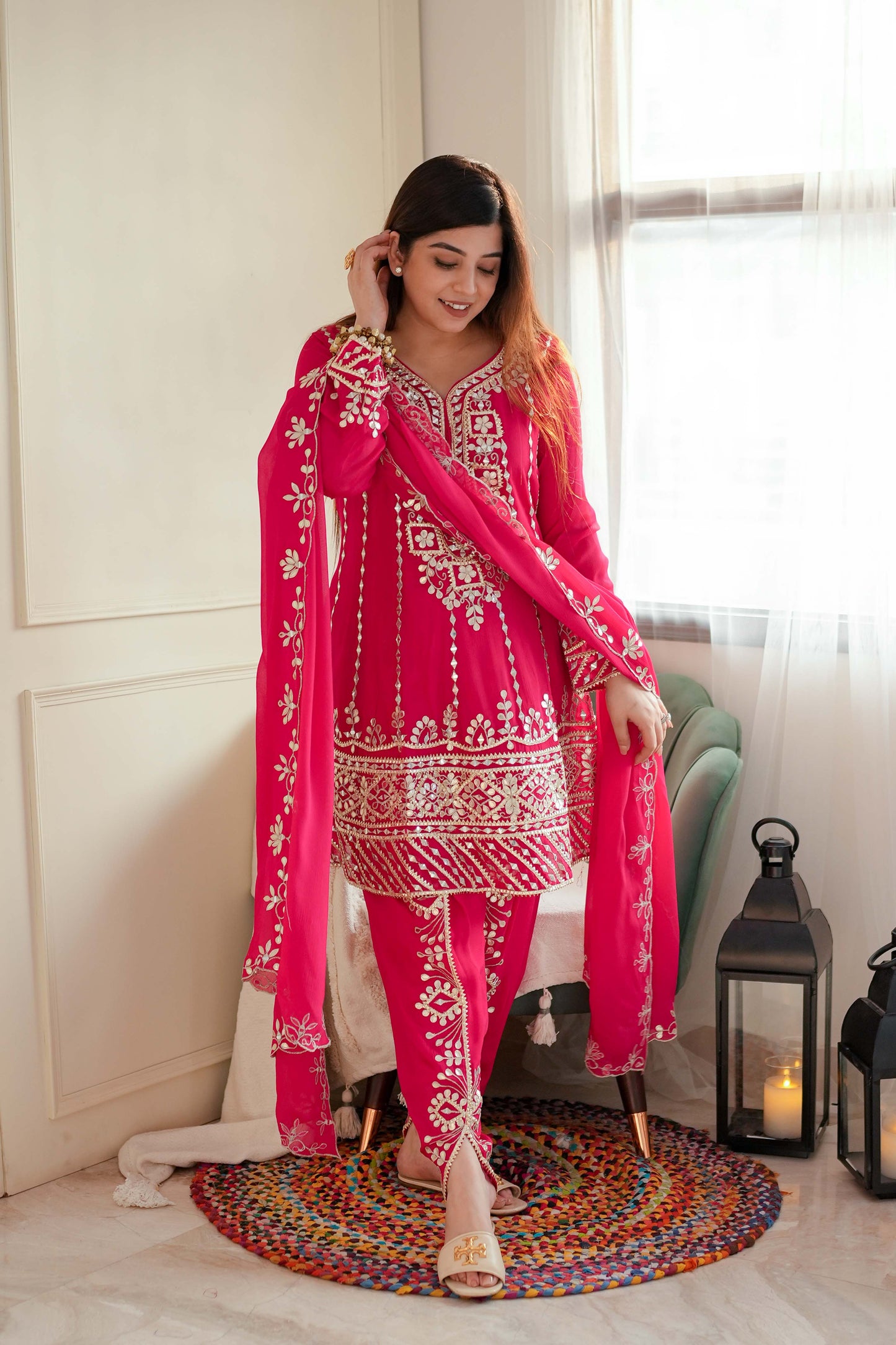 Noor Gotta Embellished Hot Pink Short Anarkali With Dhoti