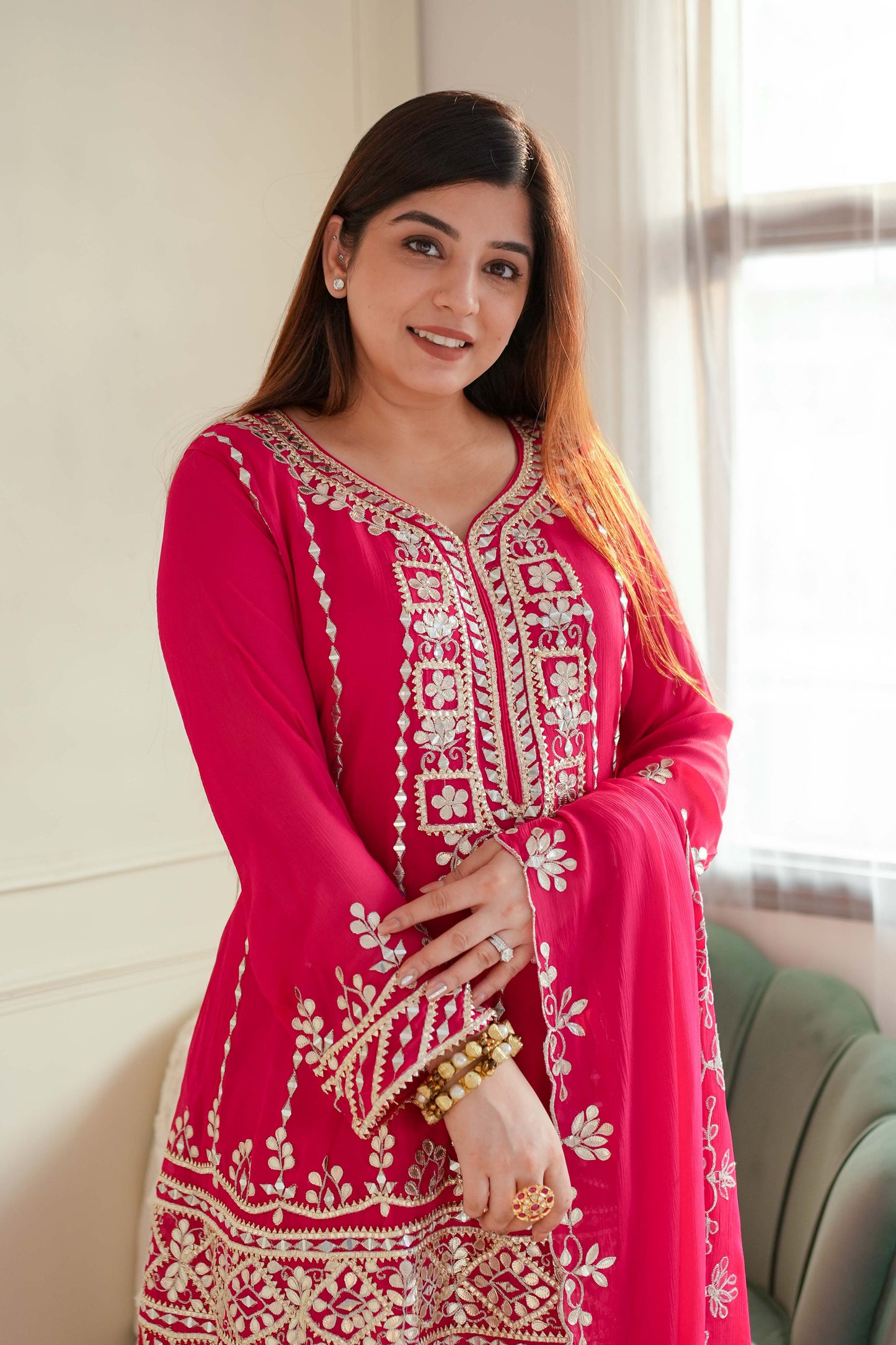 Noor Gotta Embellished Hot Pink Short Anarkali With Dhoti