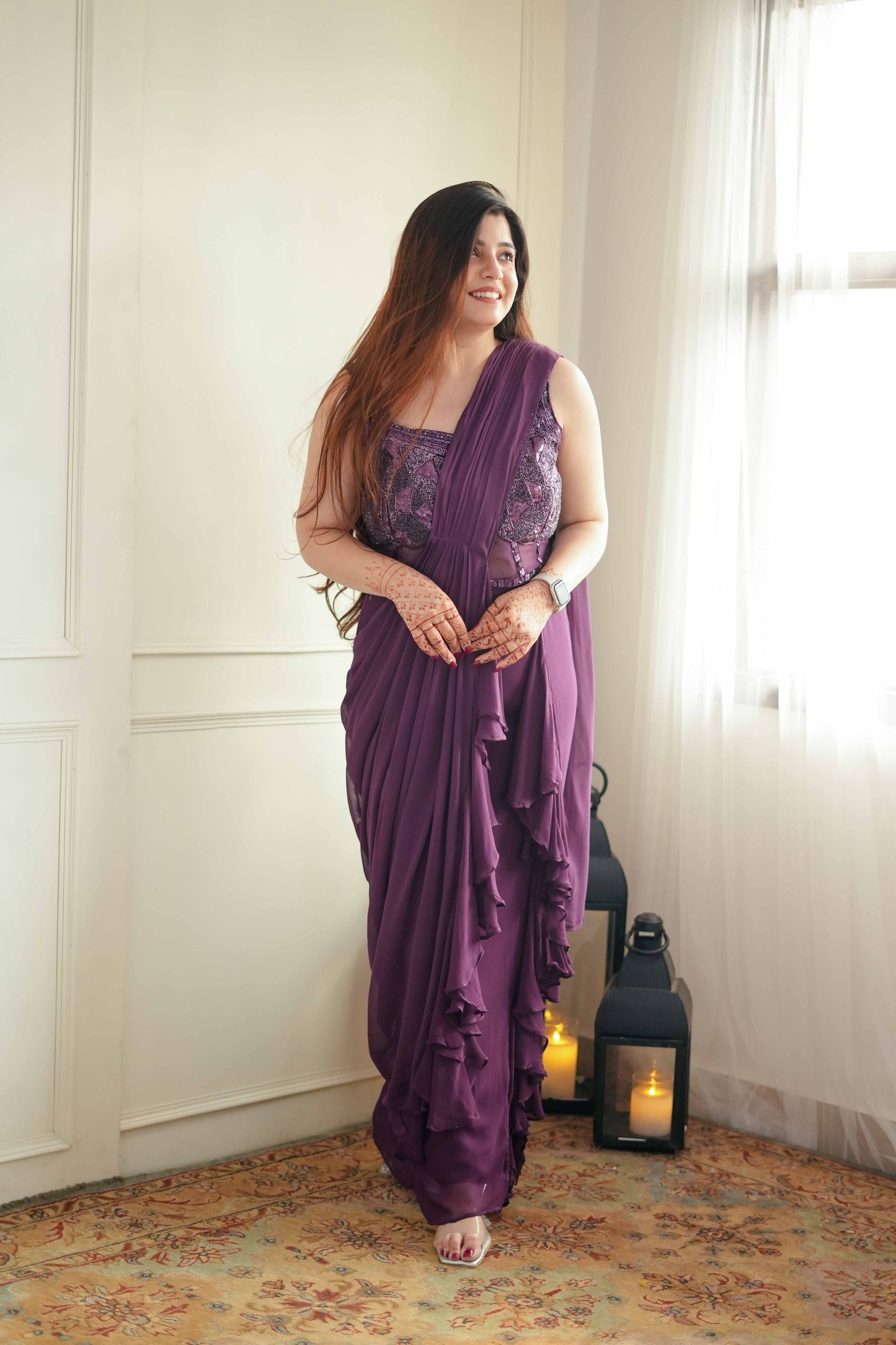 Gazal Purple Drape Saree With Side Cut