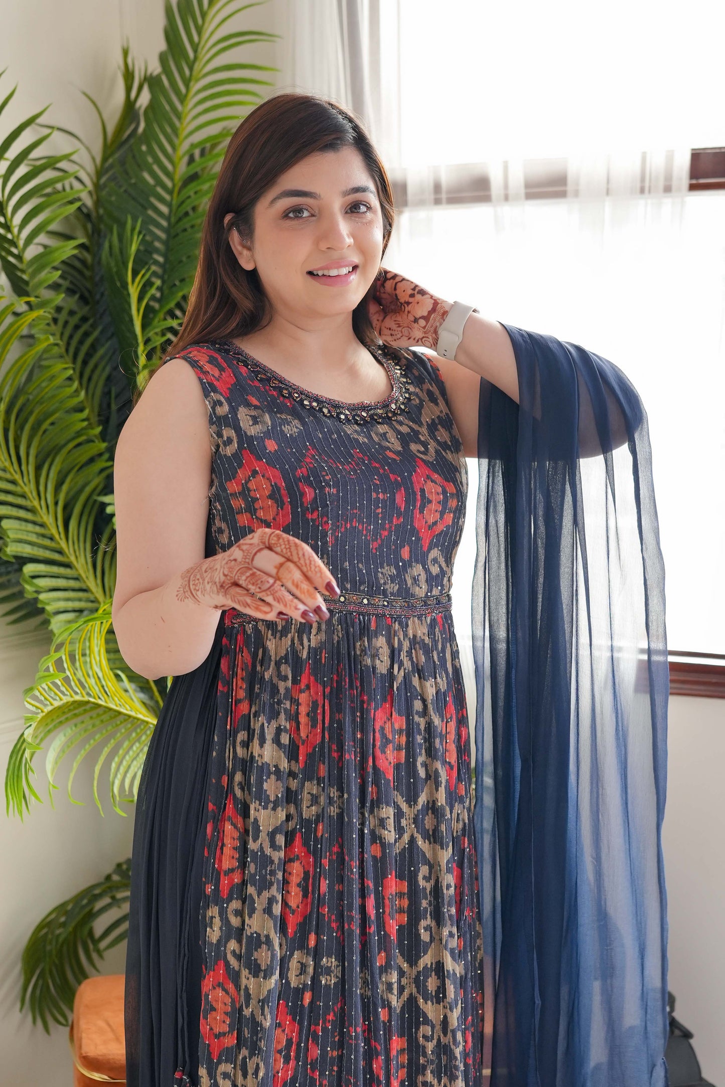 Blue Printed Long Slit Suit