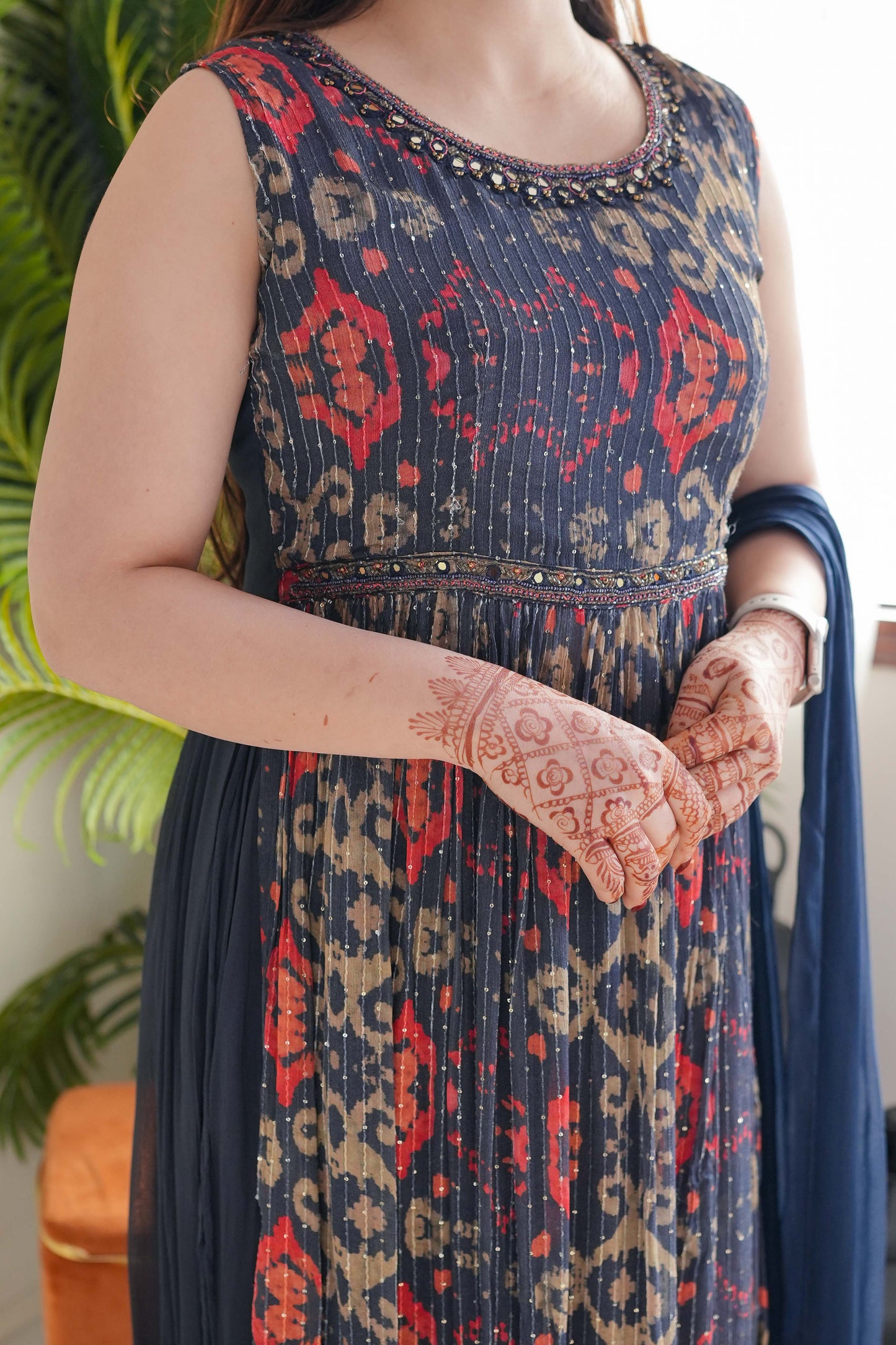 Blue Printed Long Slit Suit