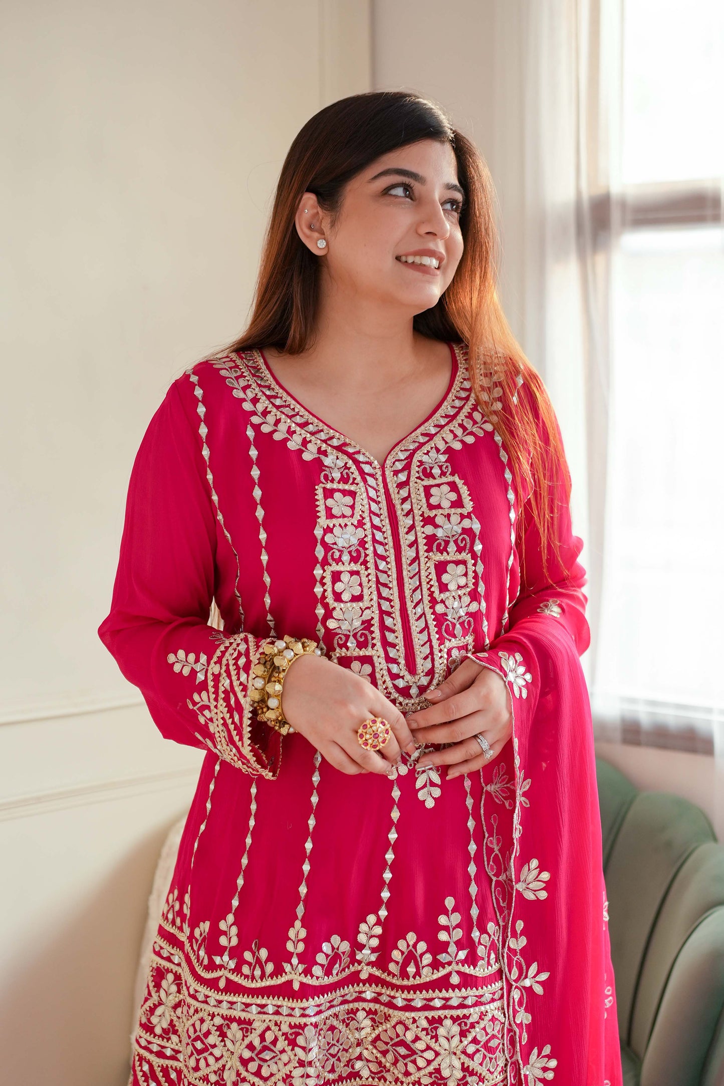 Noor Gotta Embellished Hot Pink Short Anarkali With Dhoti