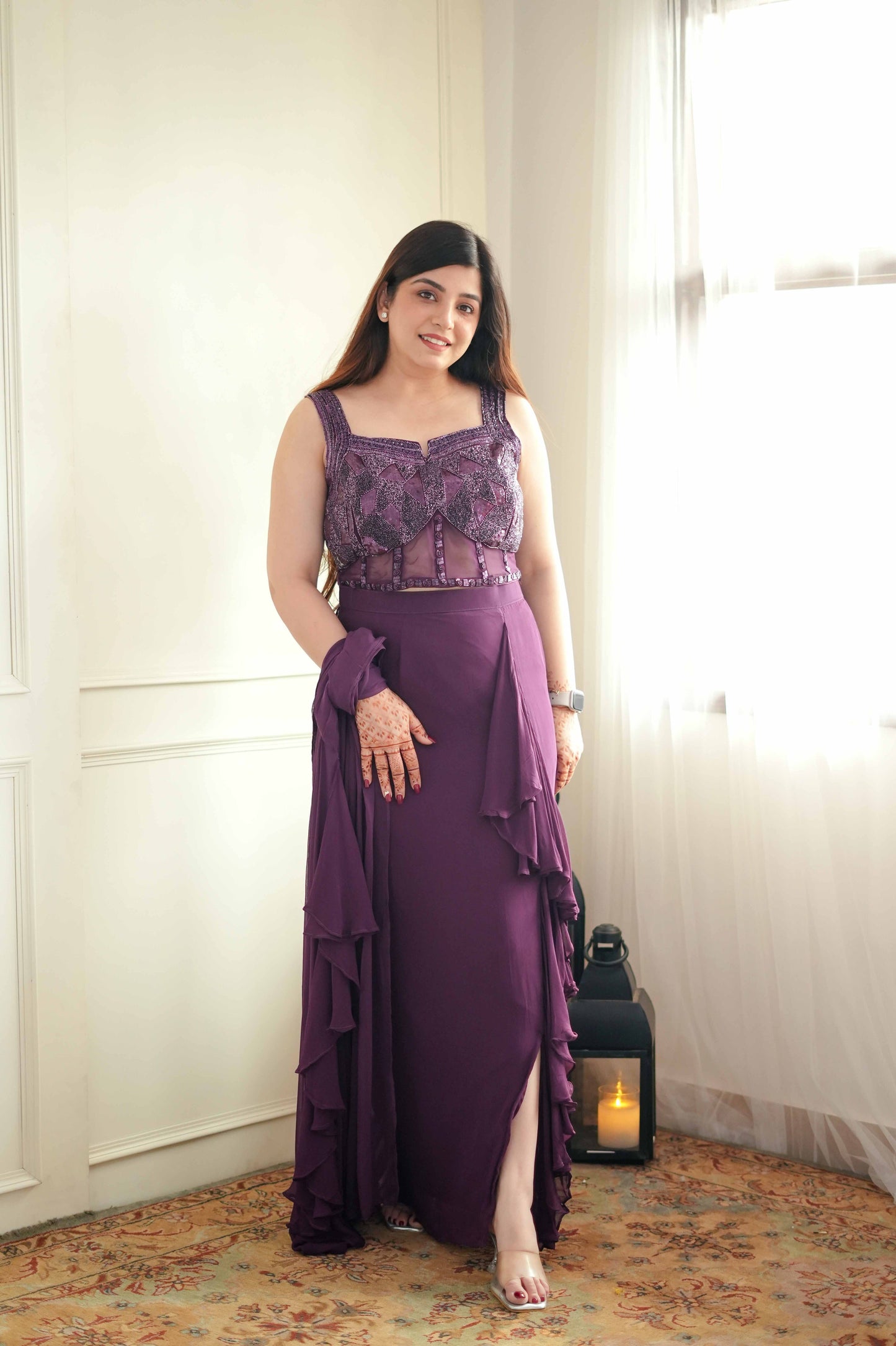 Gazal Purple Drape Saree With Side Cut