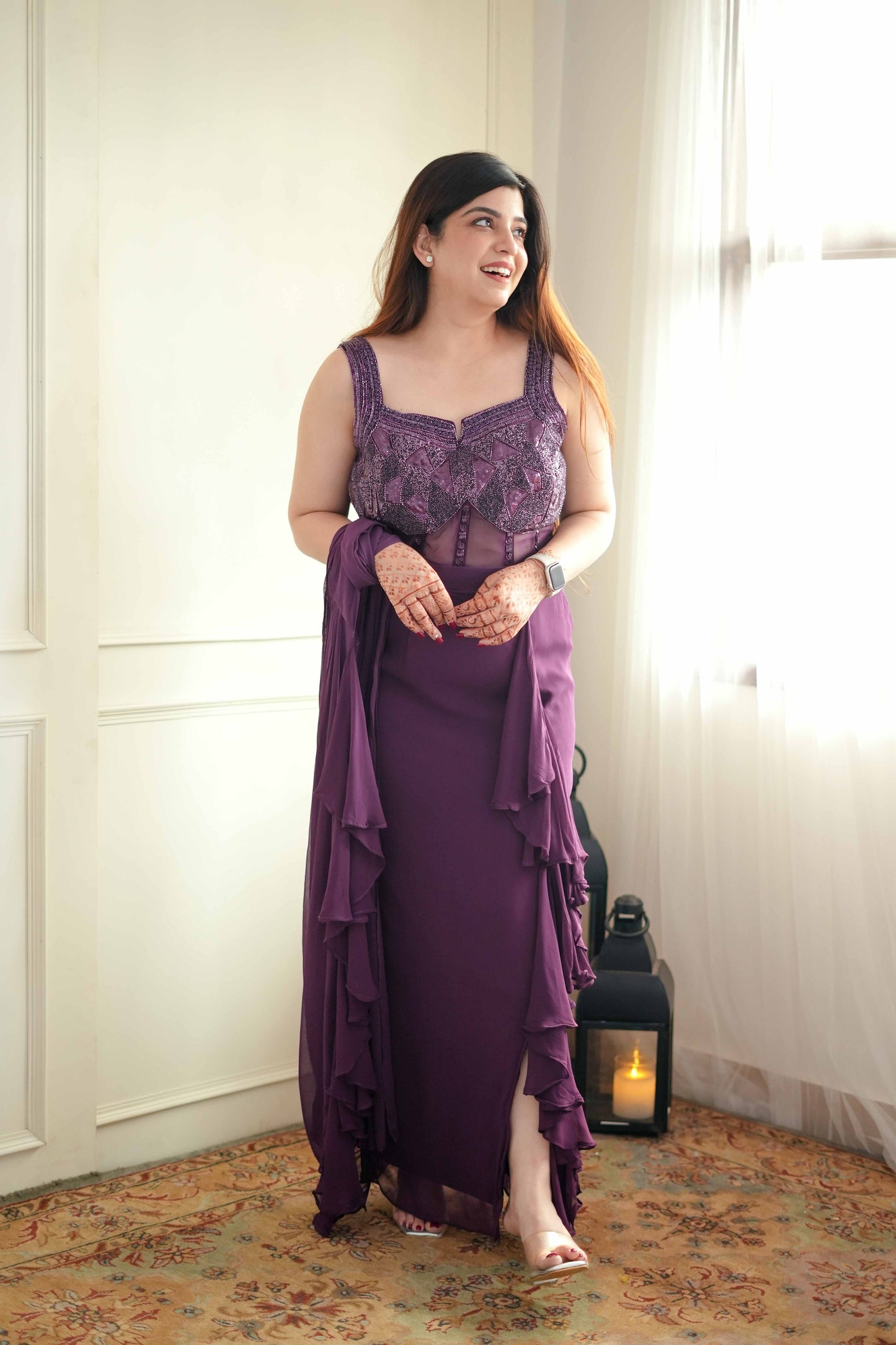Gazal Purple Drape Saree With Side Cut