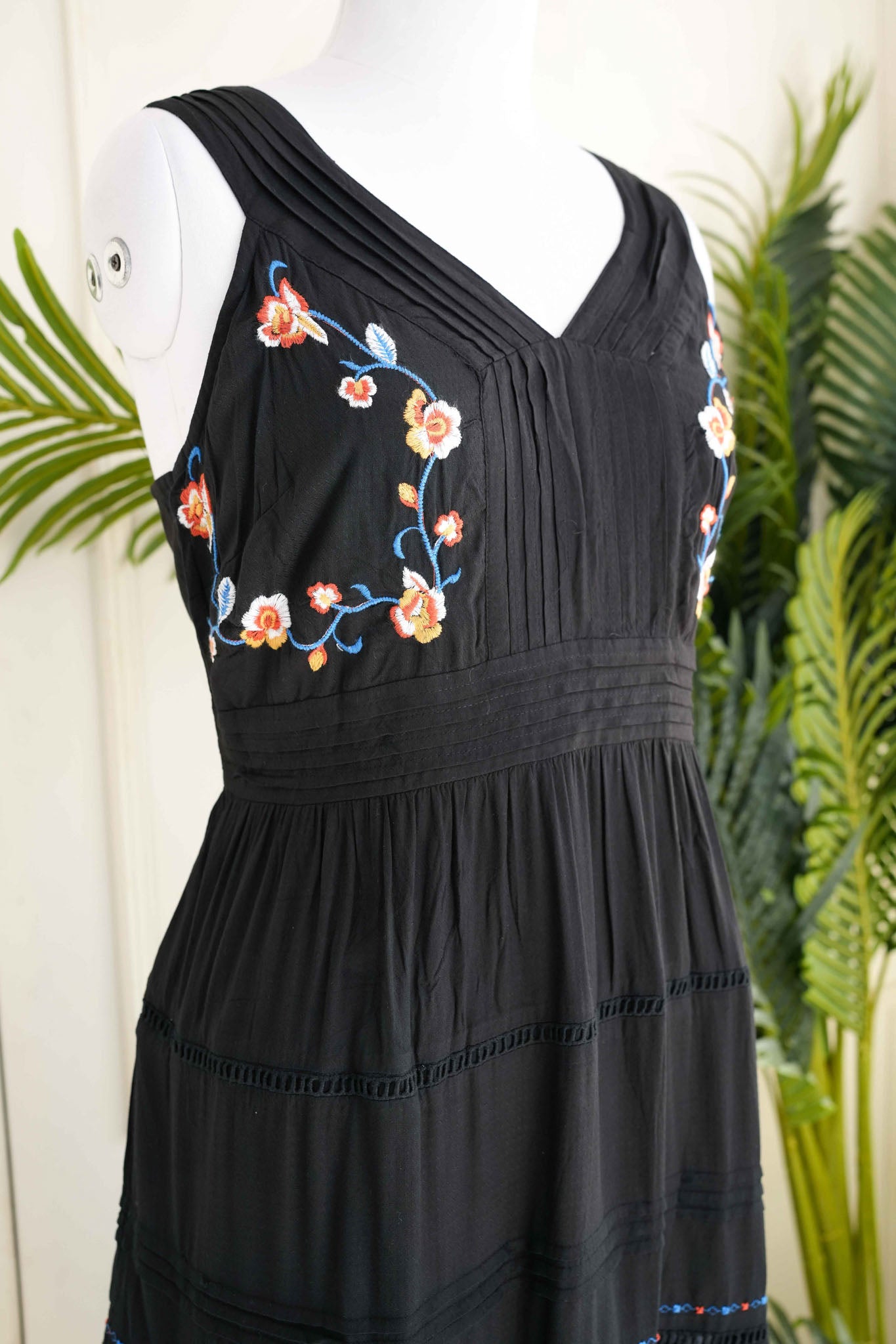 Black Floral Embroidered Cut Sleeves Dress