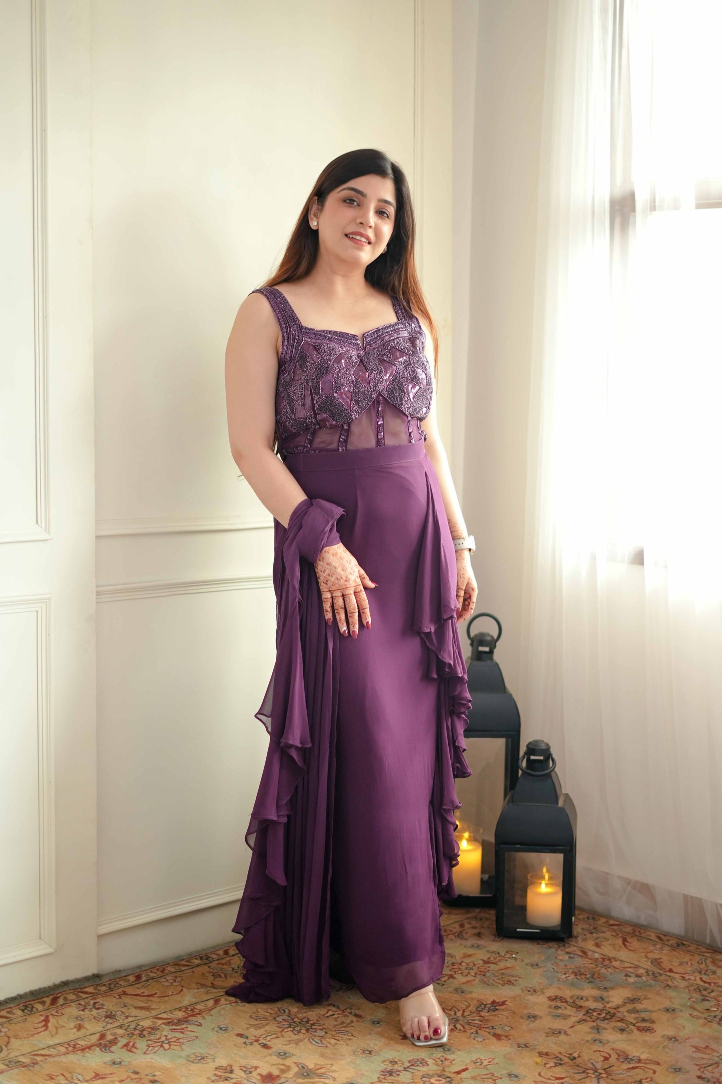 Gazal Purple Drape Saree With Side Cut