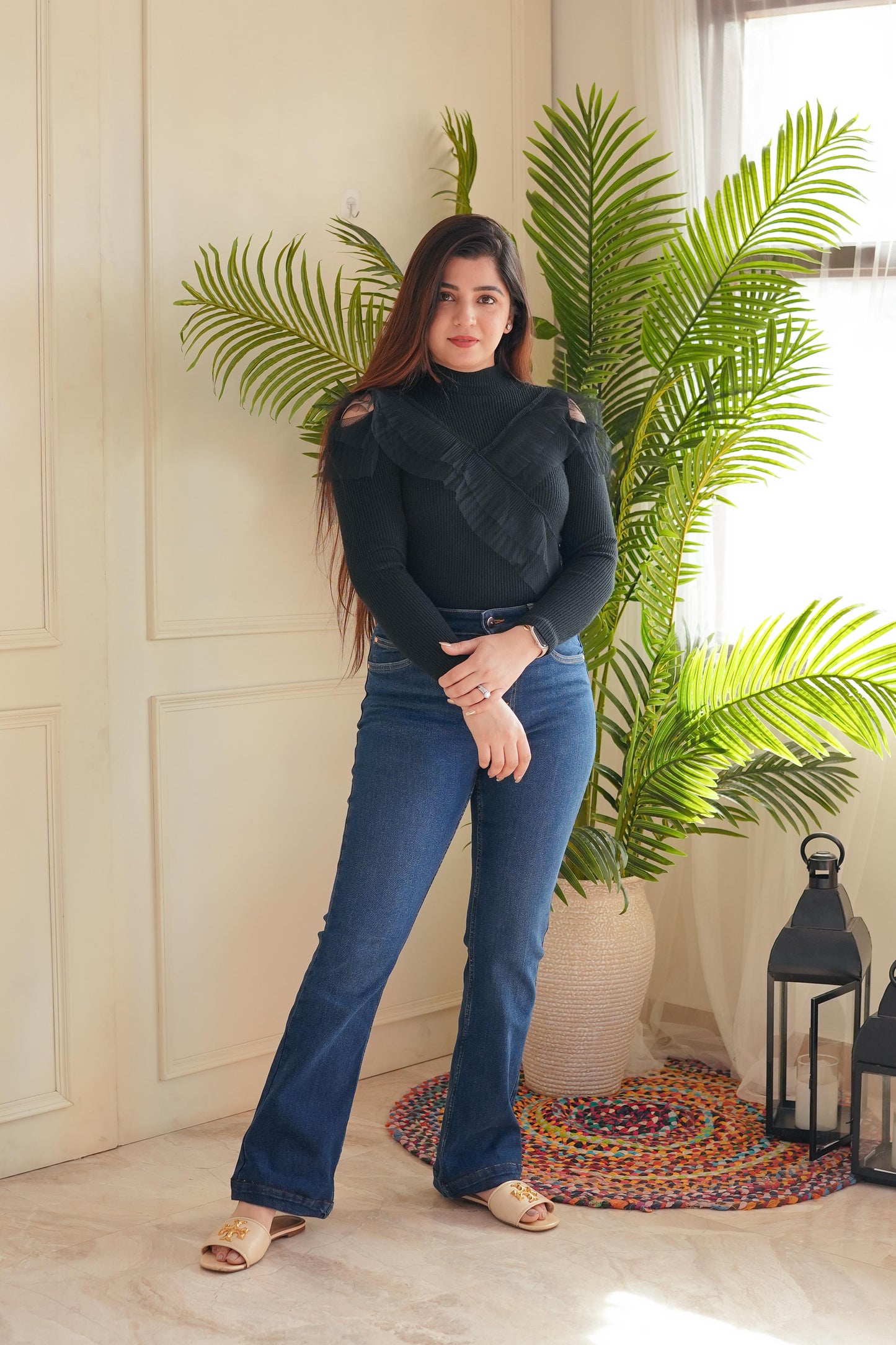 Uno Black Frill Knitted Top