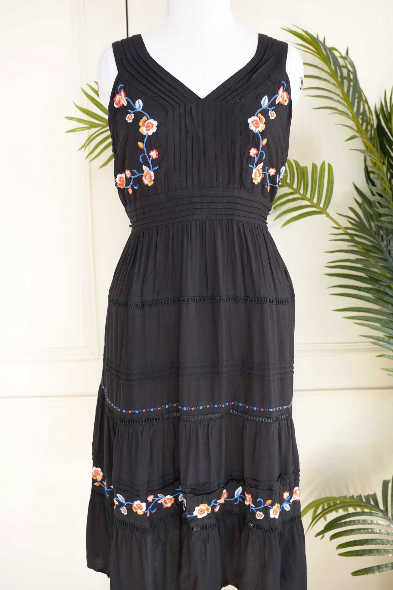 Black Floral Embroidered Cut Sleeves Dress