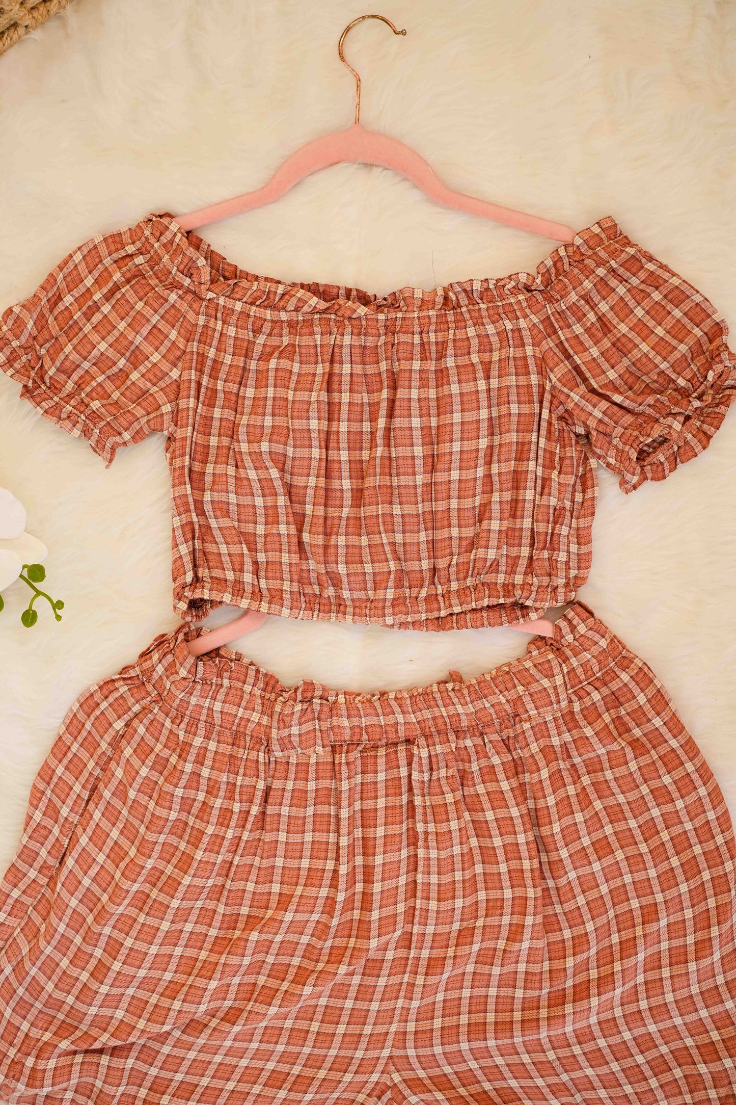 Rust Check Shorts Set