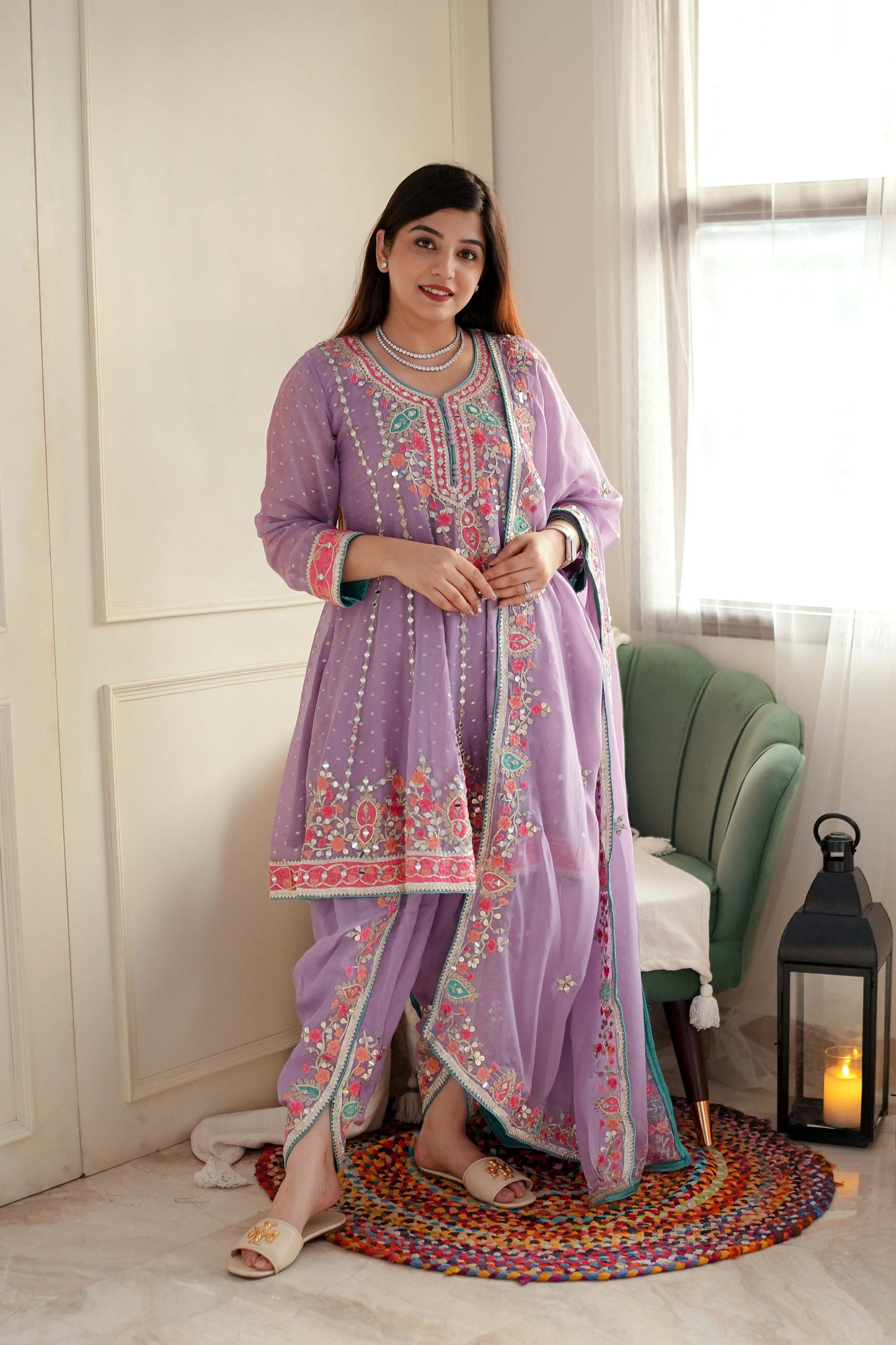 Kiara Lavender Mirror Work Short Anarkali With Dhoti