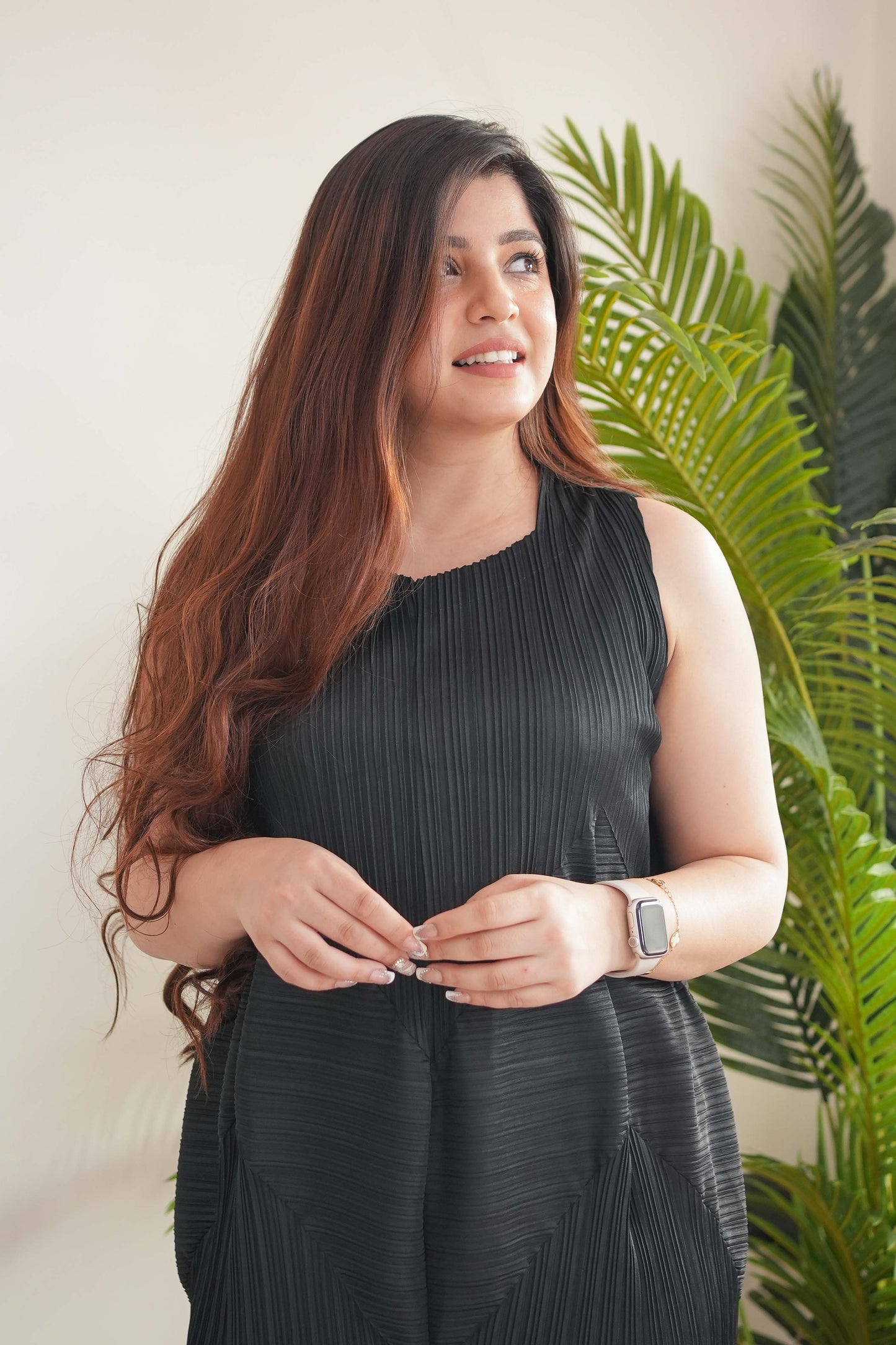 Fize Black Pleated Long Dress