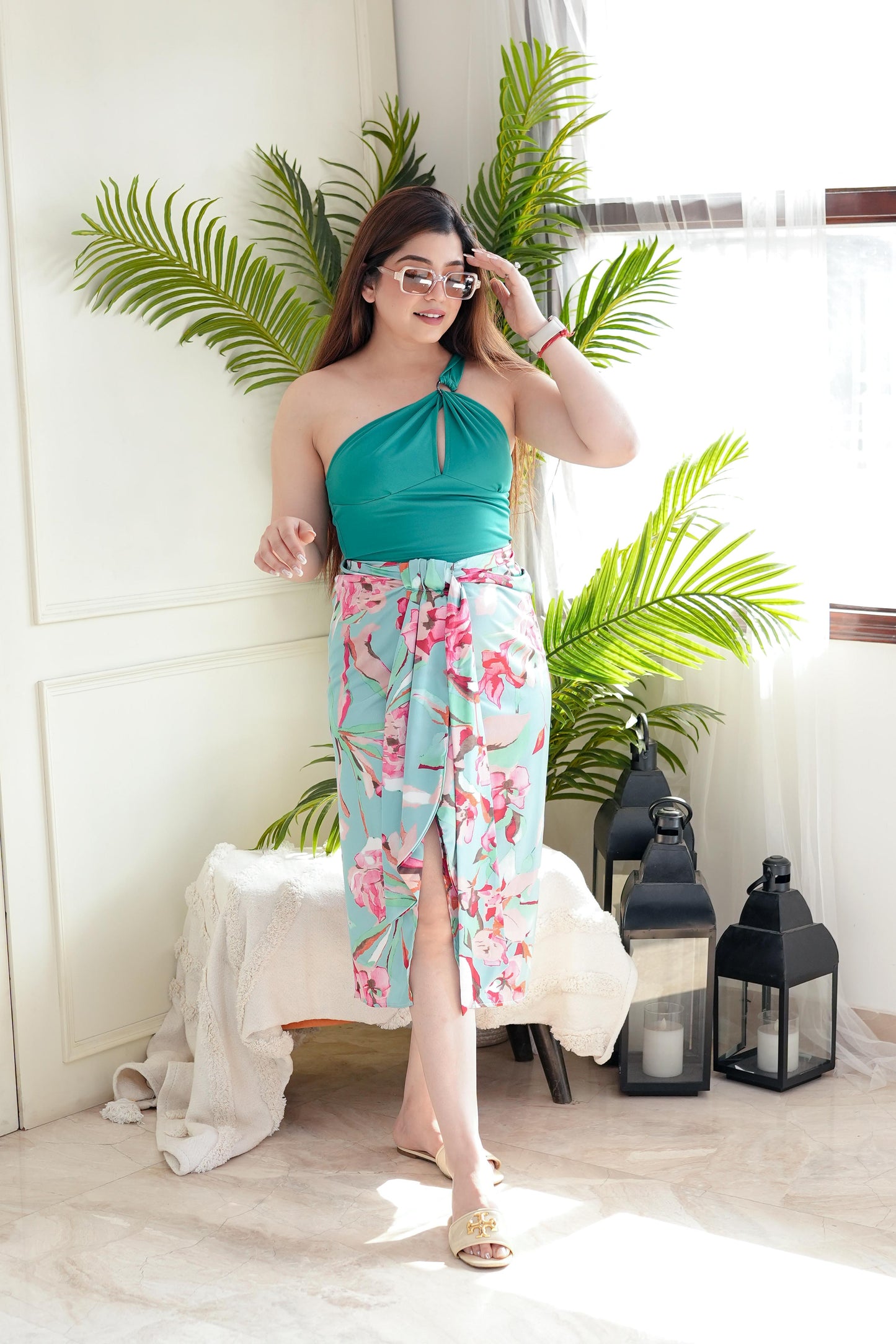 Green Crop Top With Printed Skirt