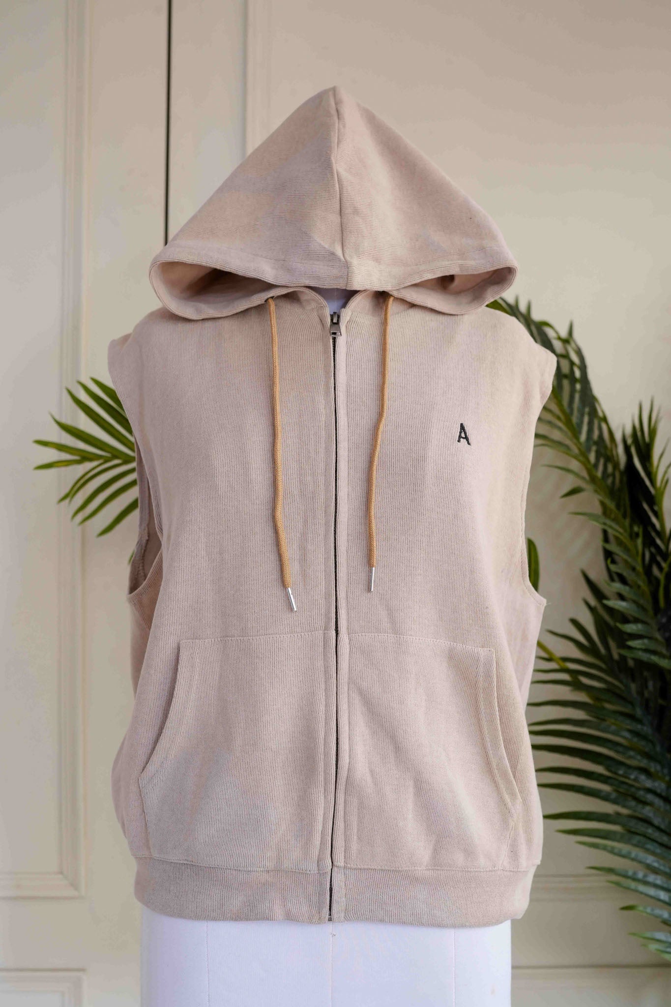 Beige Cut Sleeves Hoodie