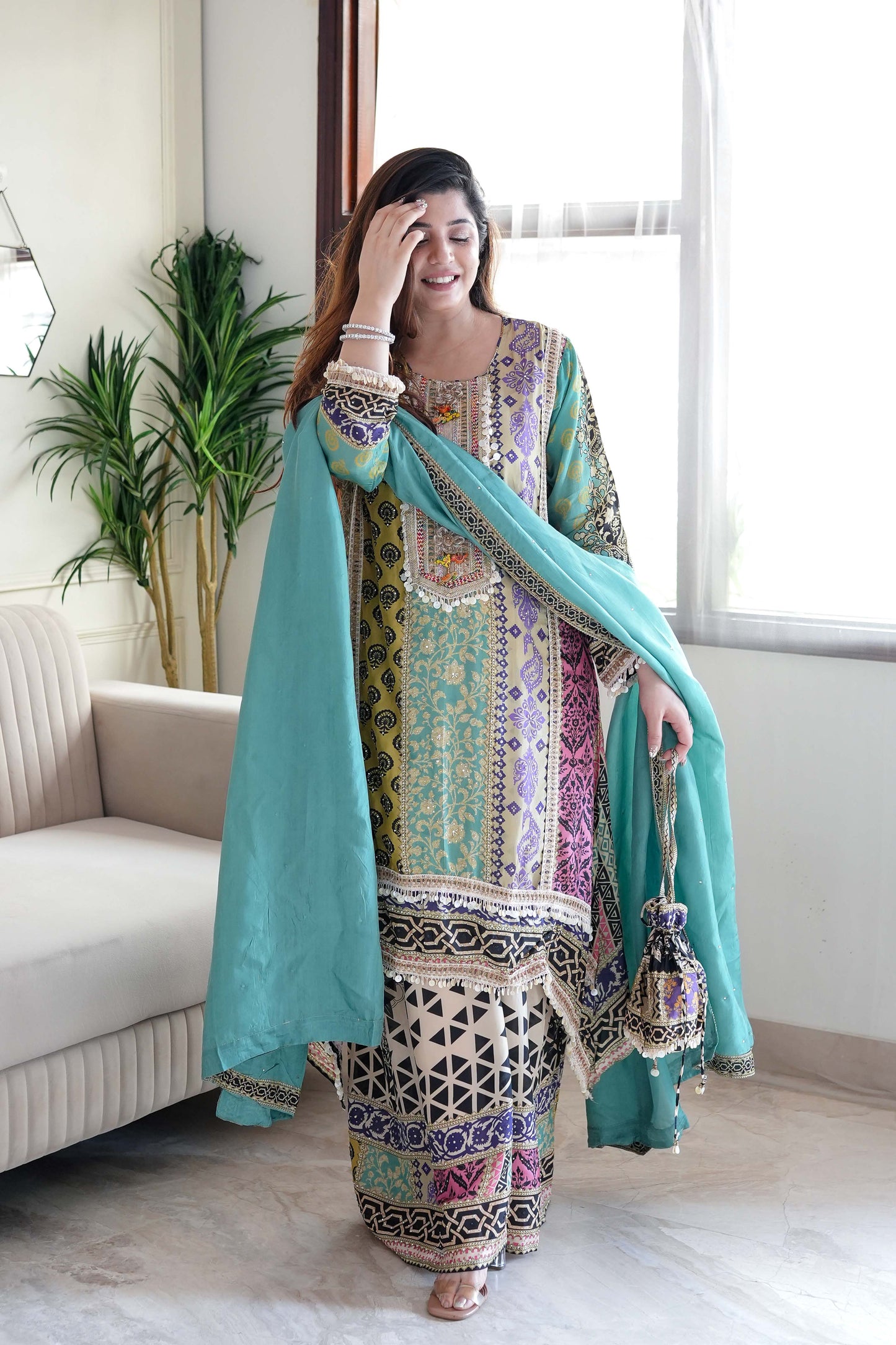 Tira Luxe Green Embroidered Suit Set