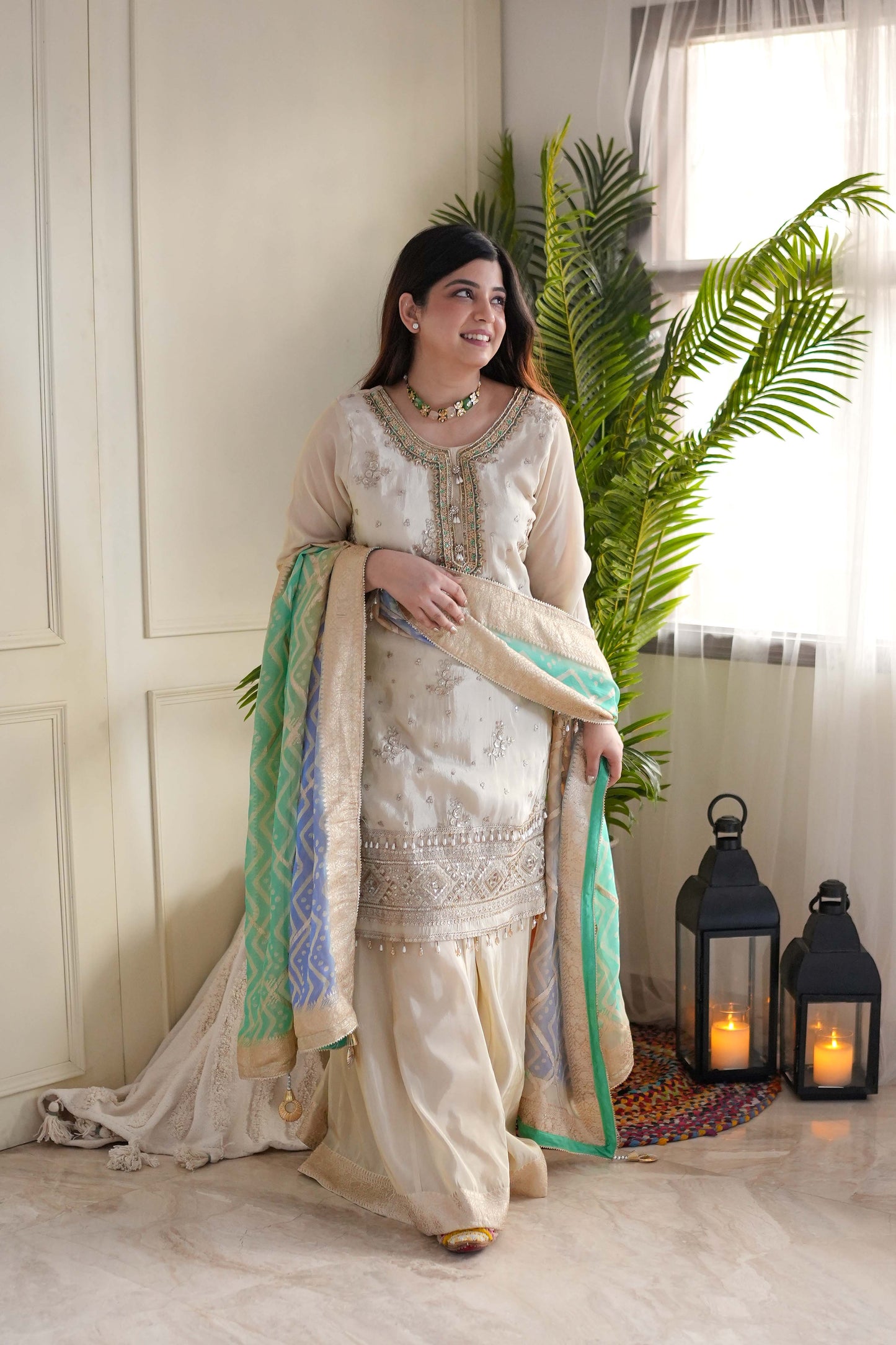 Nimrit Silk Suit Set With Green Badhani Dupatta