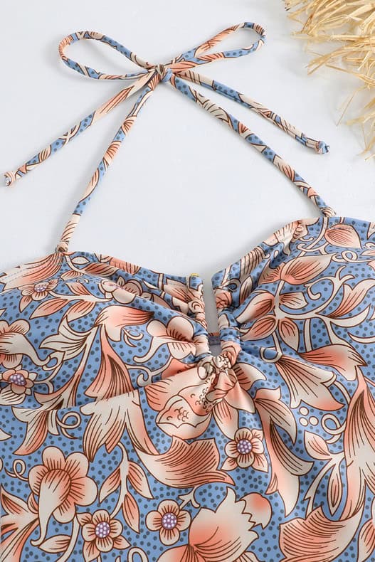 Blue Floral Printed Swimsuit with Sarong