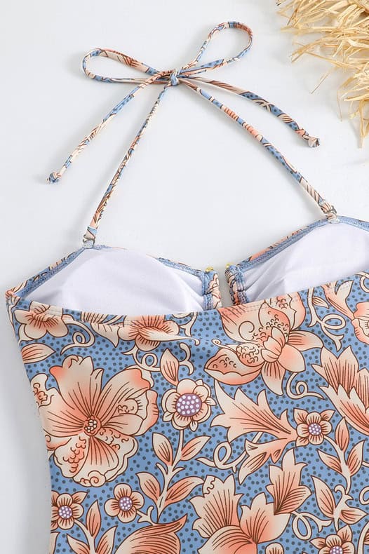 Blue Floral Printed Swimsuit with Sarong