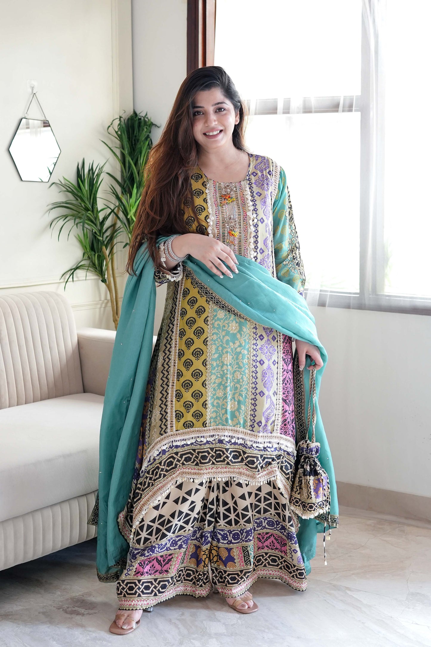 Tira Luxe Green Embroidered Suit Set