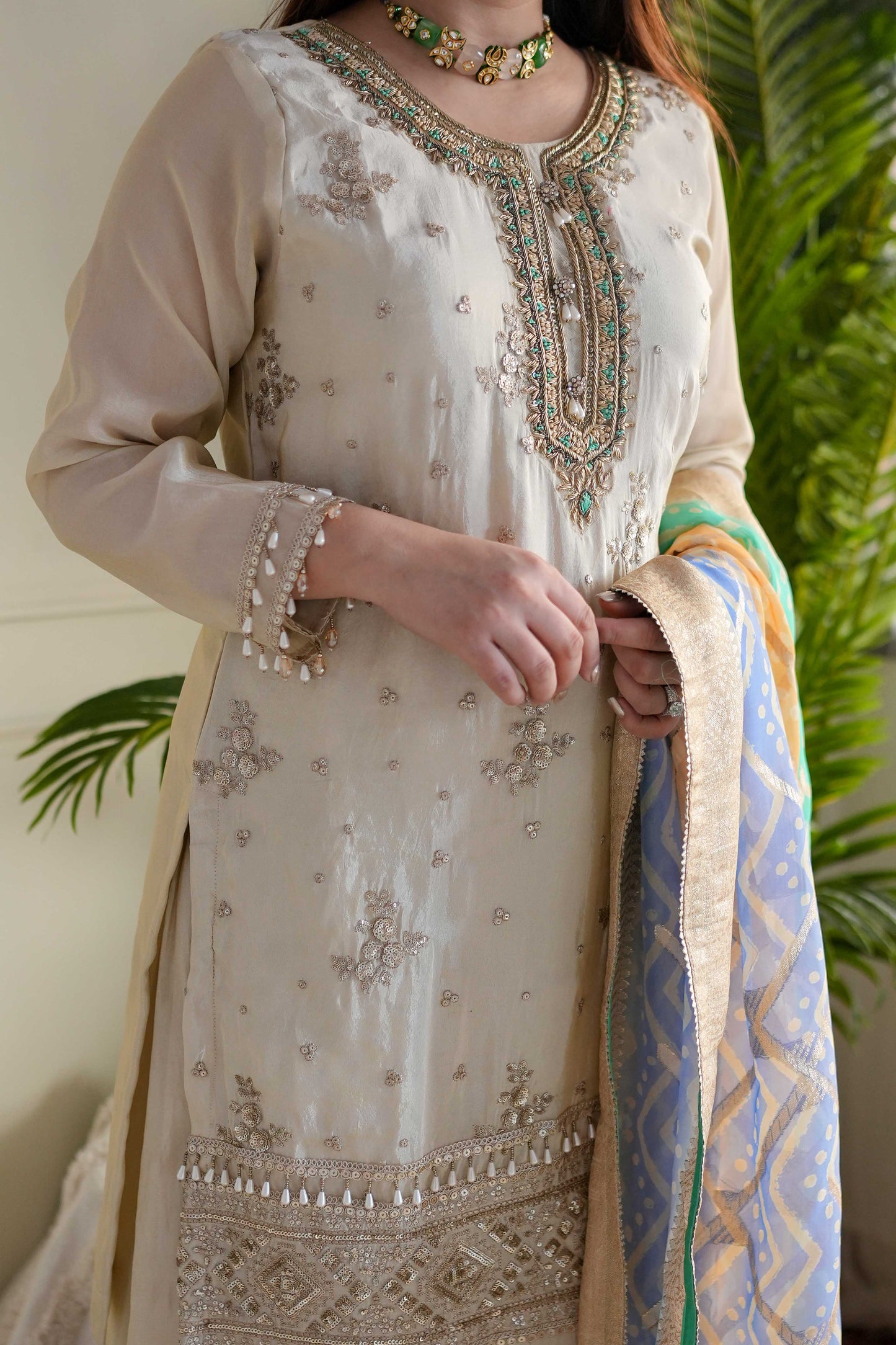 Nimrit Silk Suit Set With Green Badhani Dupatta