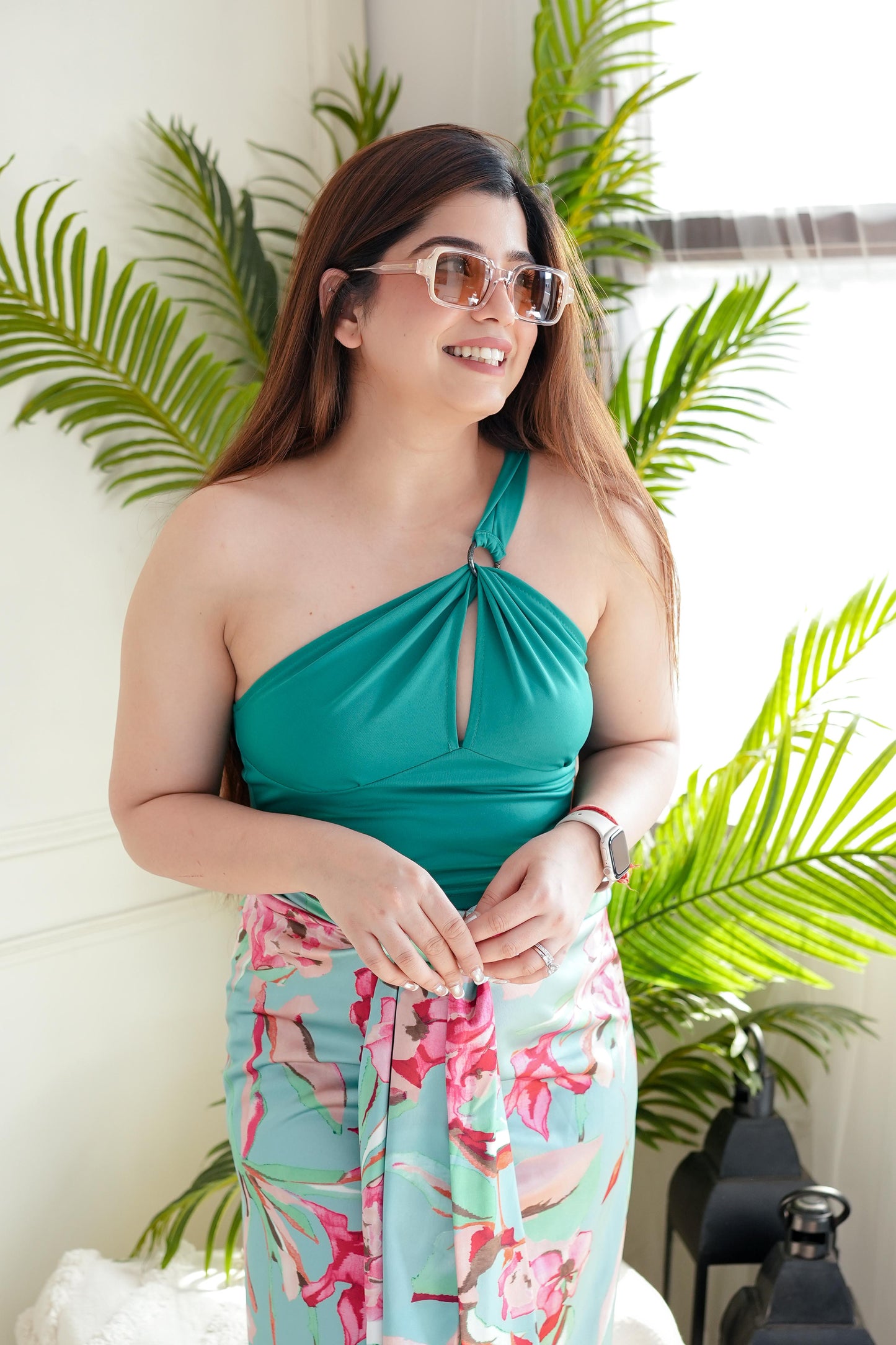 Green Crop Top With Printed Skirt