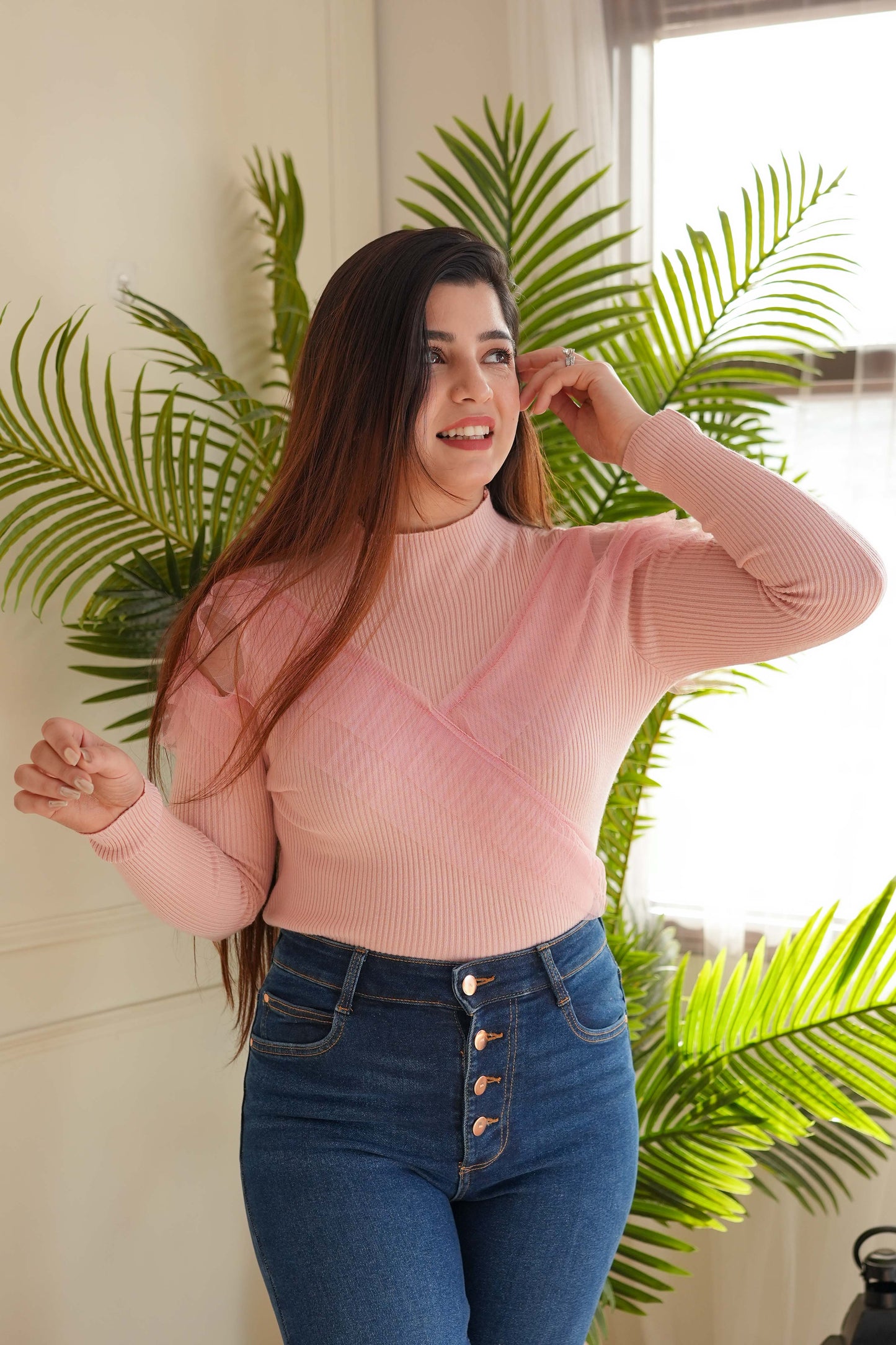 Uno Pink Frill Knitted Top