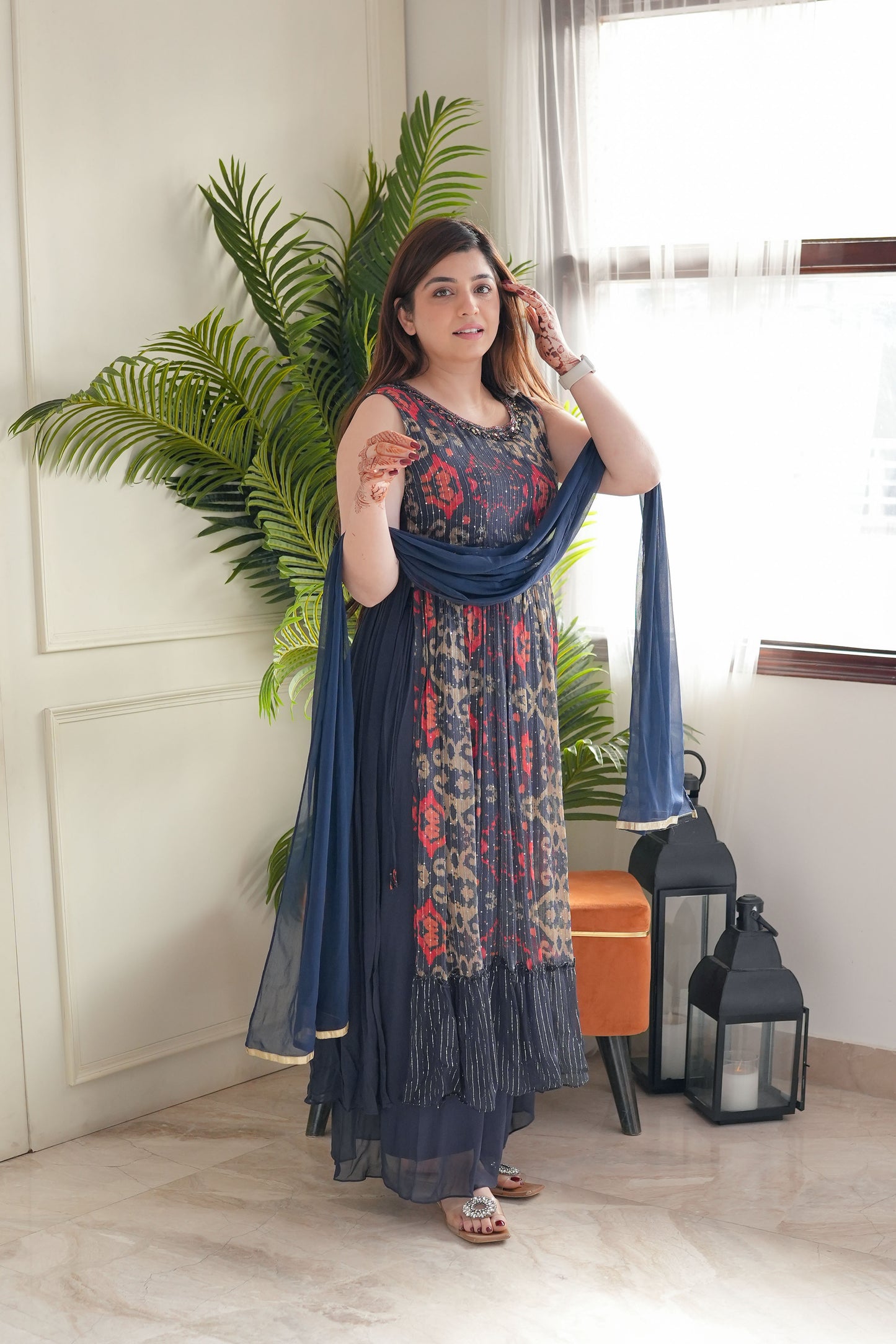 Blue Printed Long Slit Suit