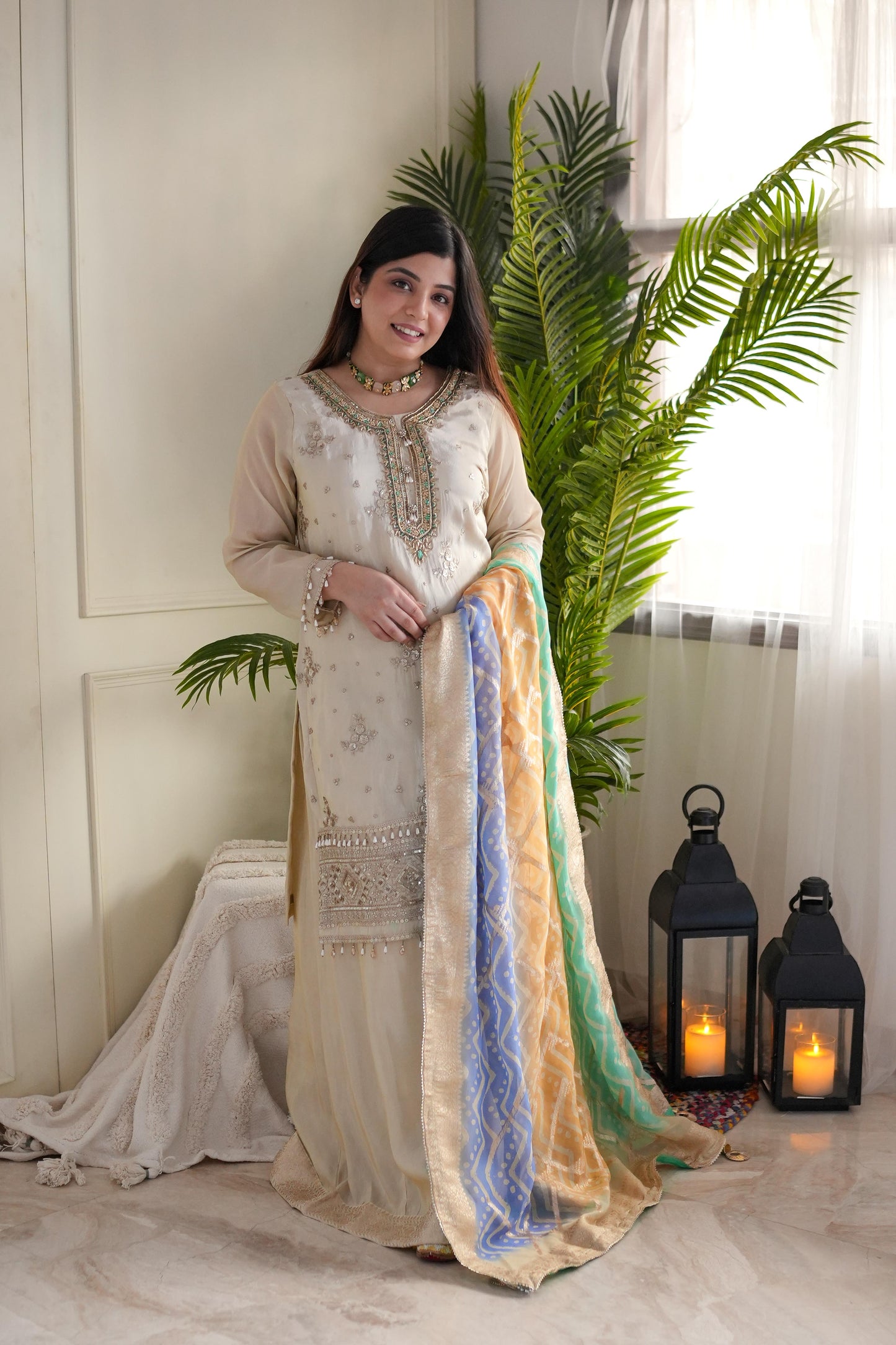 Nimrit Silk Suit Set With Green Badhani Dupatta