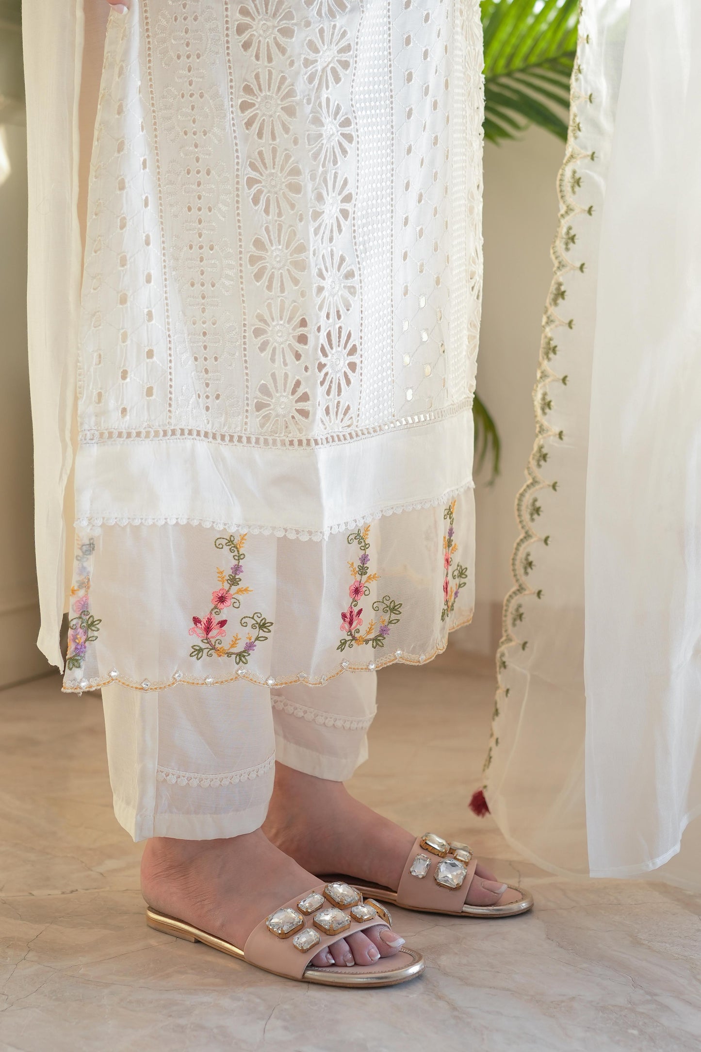 Radha White Schiffli Embroidered Suit Set