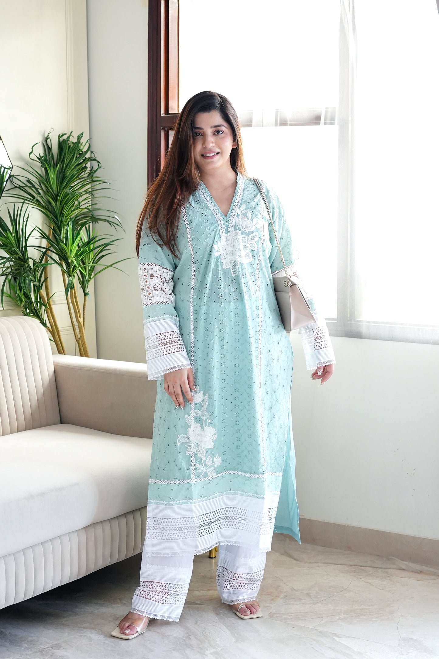 Zeenah Blue Cutwork Plazo Set