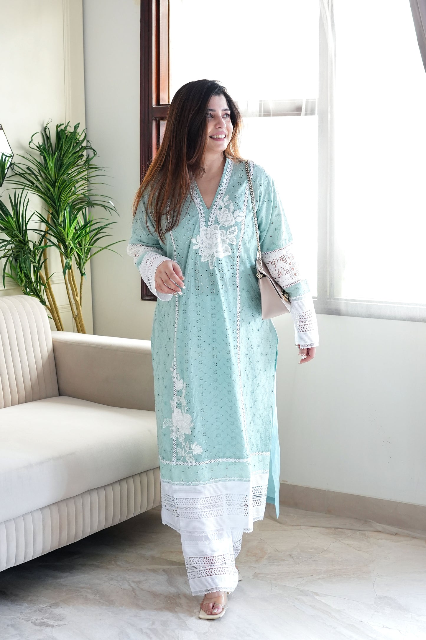 Zeenah Blue Cutwork Plazo Set