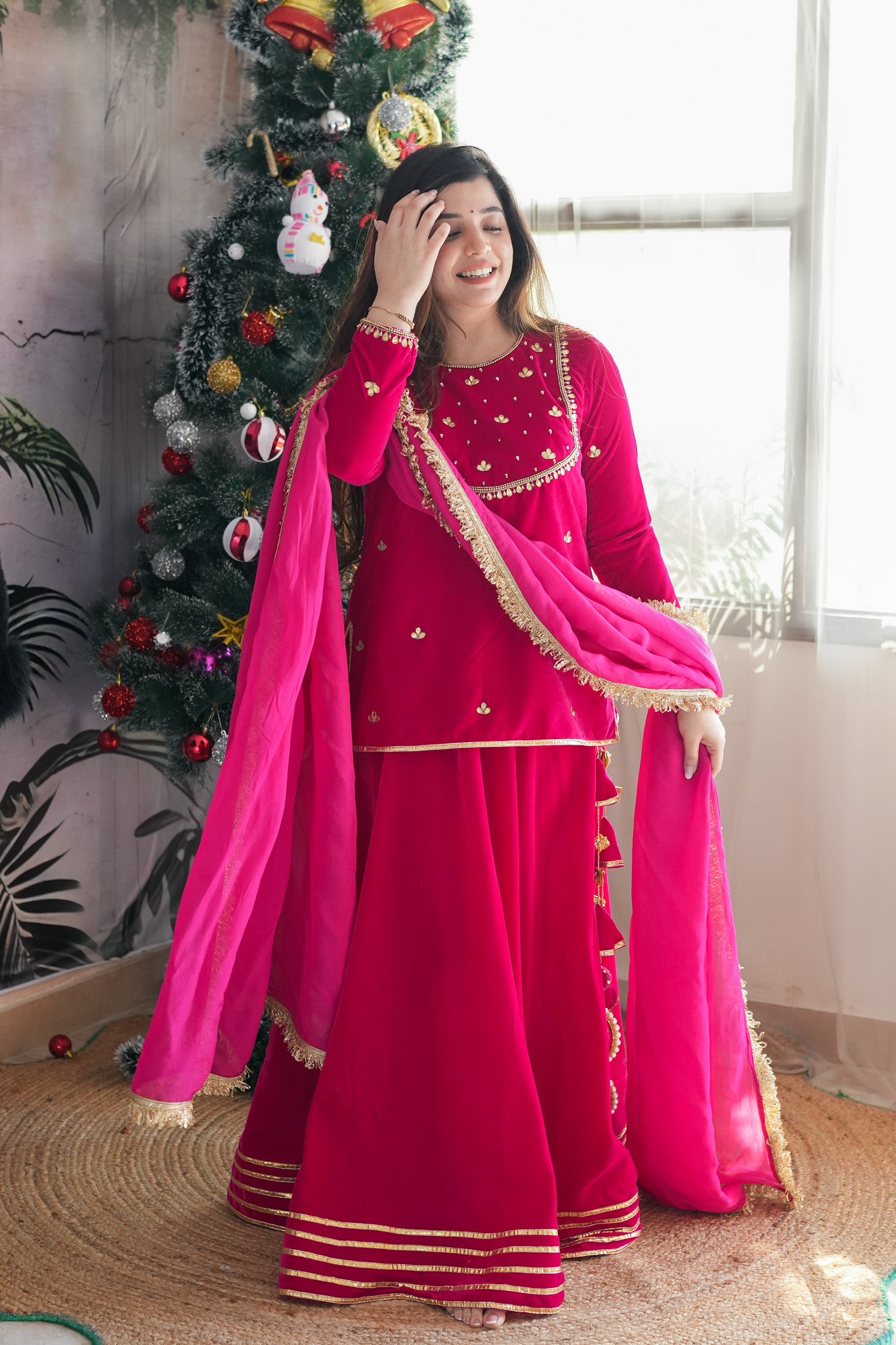 Raeth Pink Velvet Short Shirt Lehenga