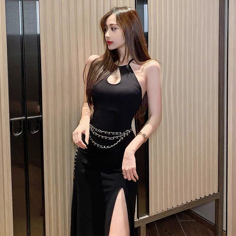 Mickie Backless Black Dress With Chain