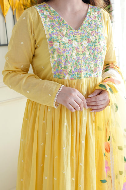 Niza Yellow Embroidered Anarkali Suit Set